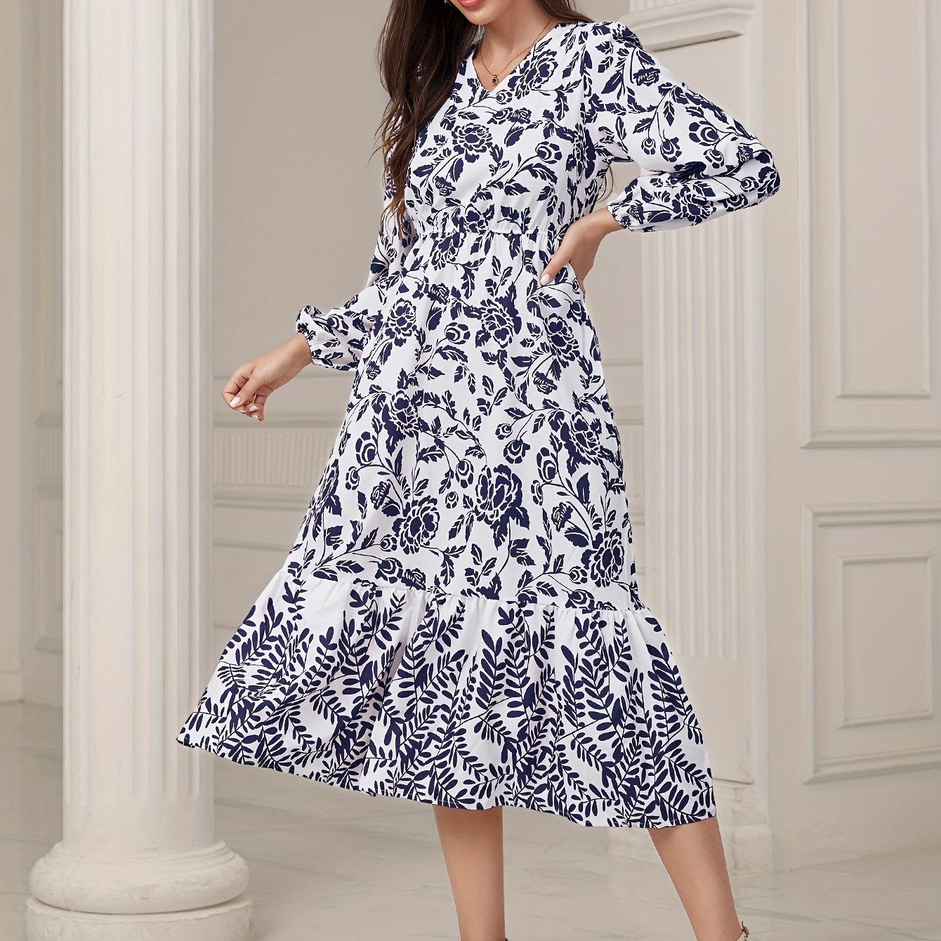 gbolsos Floral & Leaves Print V-neck Dress, Elegant Elastic Waist Long Sleeve Dress For Spring & Fall, Women's Clothing