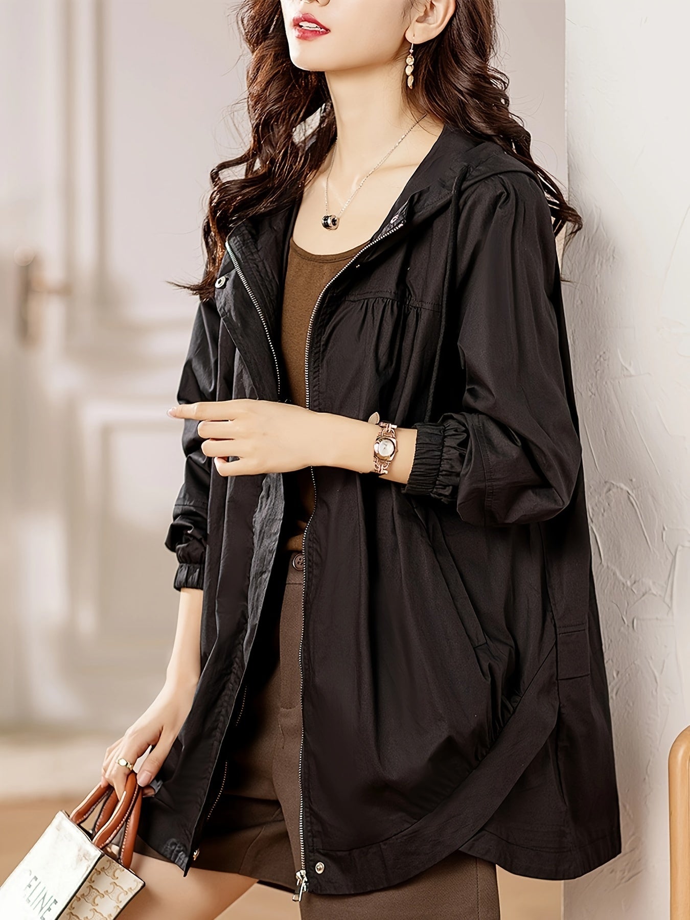 gbolsos Plus Size Solid Hooded Trench Coat, Casual Zip Up Long Sleeve Coat, Women's Plus Size Clothing