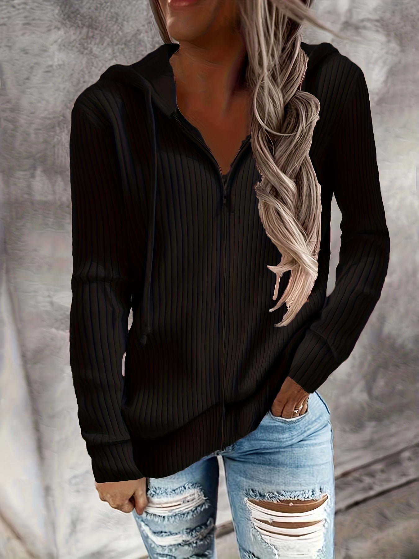Zip Up Drawstring Hoodies, Casual Soldi Long Sleeve Sweatshirt, Women's Clothing