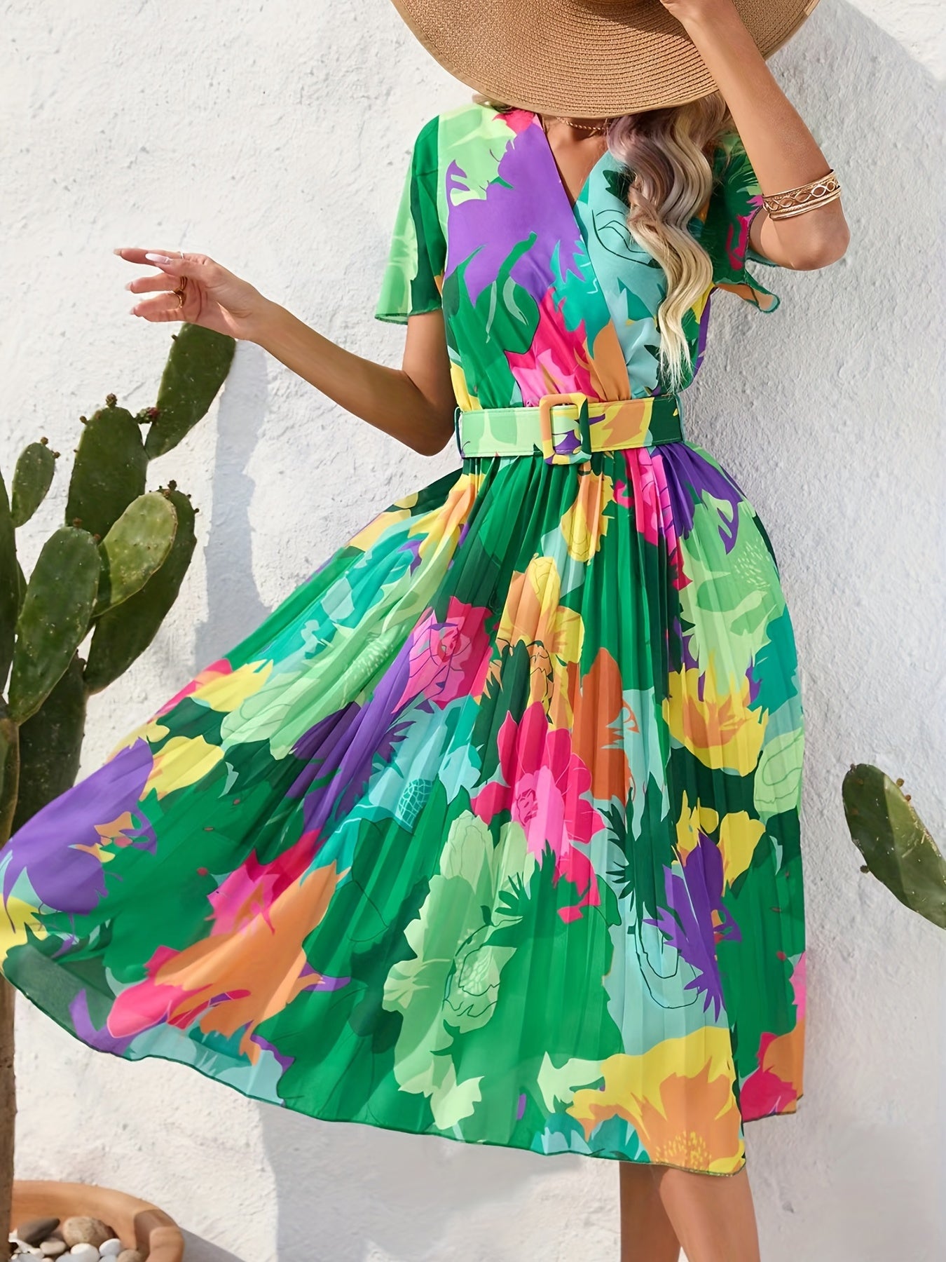 gbolsos Floral Print Pleat Dress With Belt, Boho Surplice Neck Short Sleeve Dress For Spring & Summer, Women's Clothing