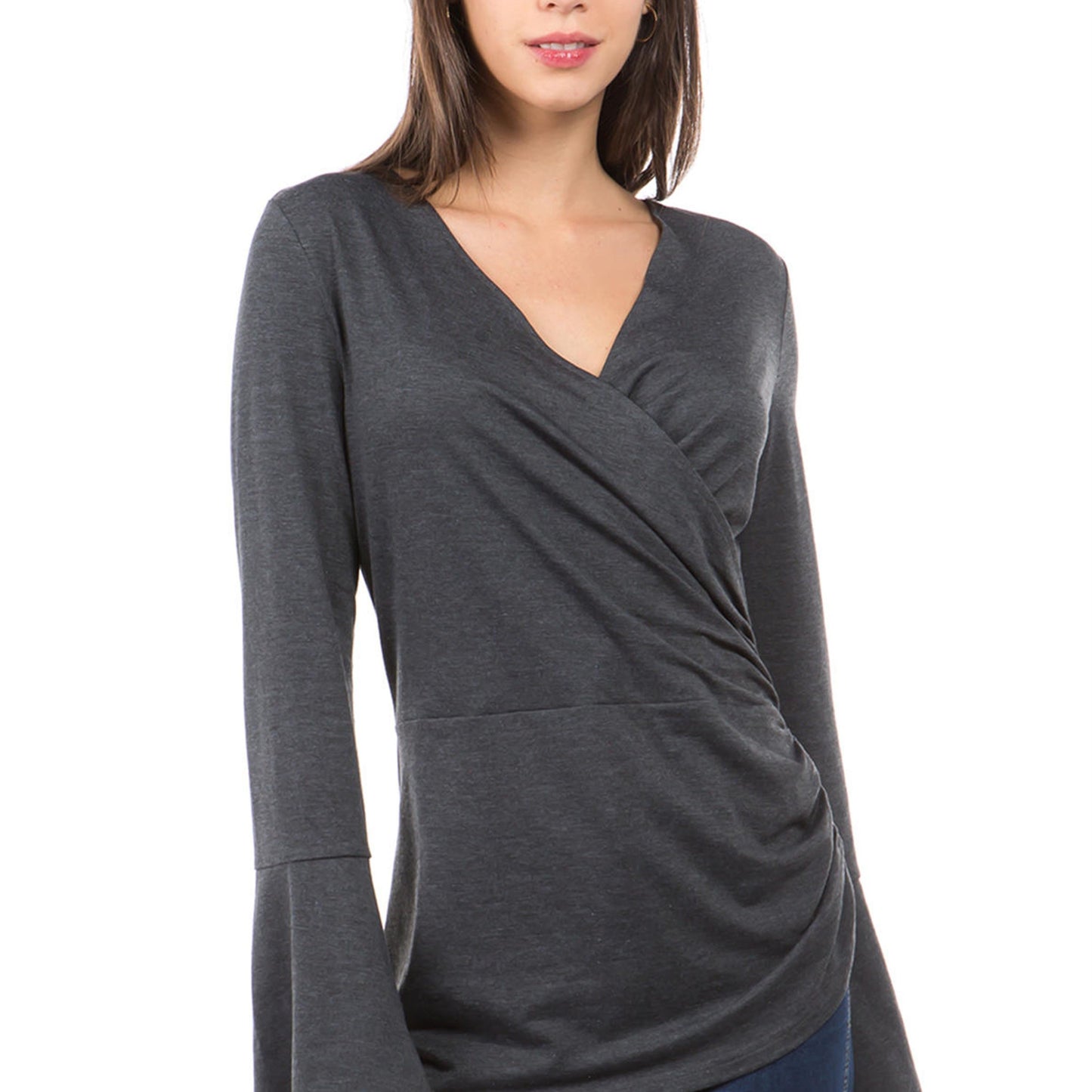 gbolsos Women's T-shirt Casual Solid V-neck Cross Cross Flare Long Sleeve Loose Fashion T-shirt