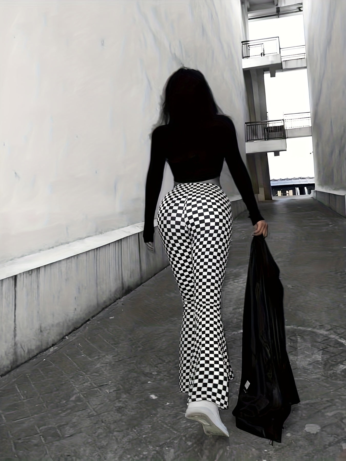 gbolsos Checkerboard Print Flare Leg Pants, Casual High Waist Pants, Women's Clothing