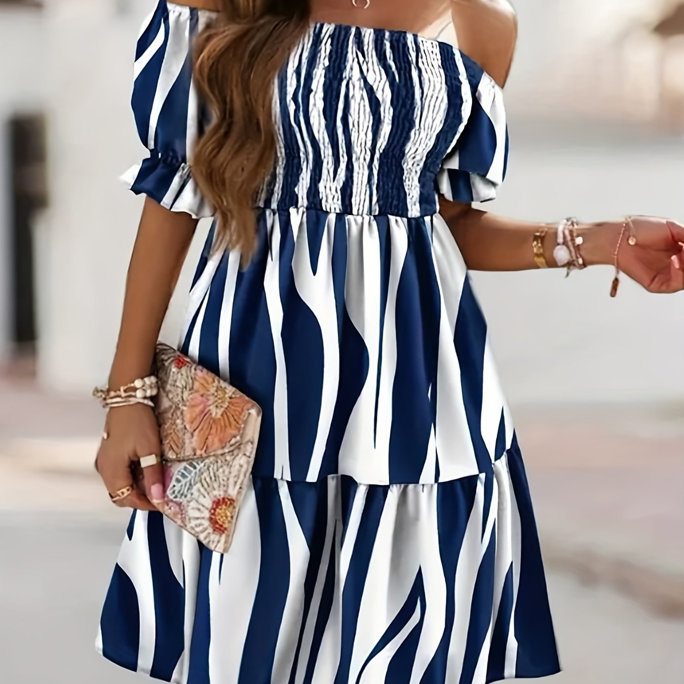 gbolsos Wave Print Off Shoulder Dress, Casual Ruched Short Sleeve Shirred Dress, Women's Clothing