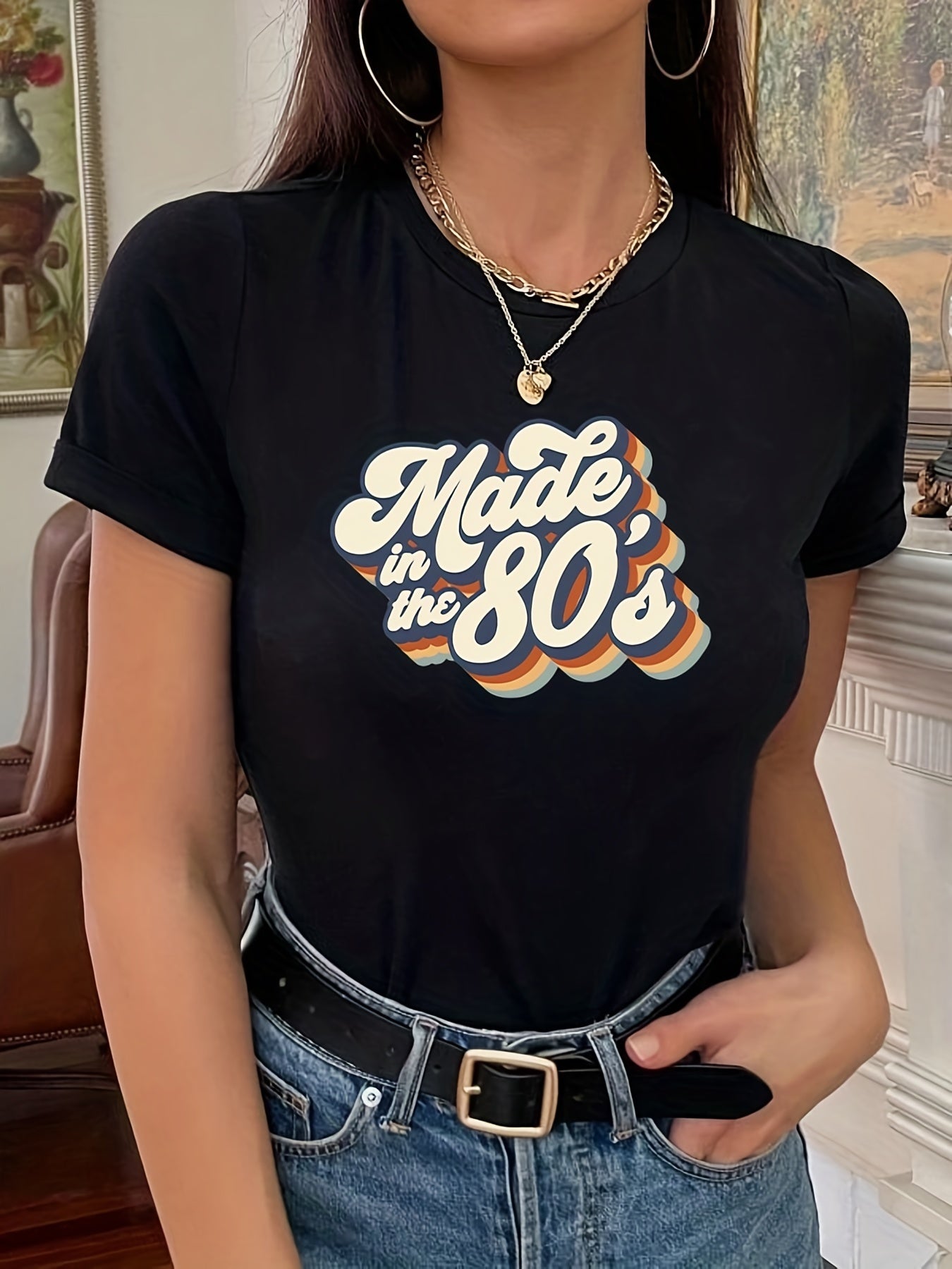 gbolsos "Made In The 203.2cms" Letter Print T-shirts, Crew Neck Short Sleeve Summer Sports Top, Women's Clothing