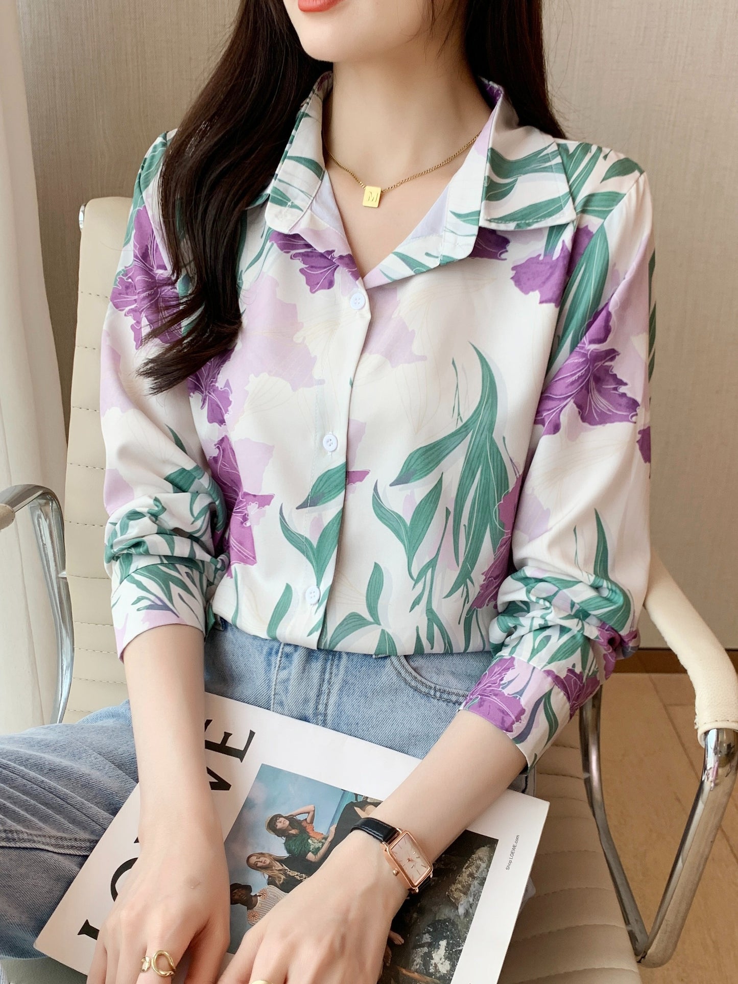 gbolsos Floral Print Polo Collar Button Shirt, Casual Long Sleeve Shirt For Spring & Fall, Women's Clothing