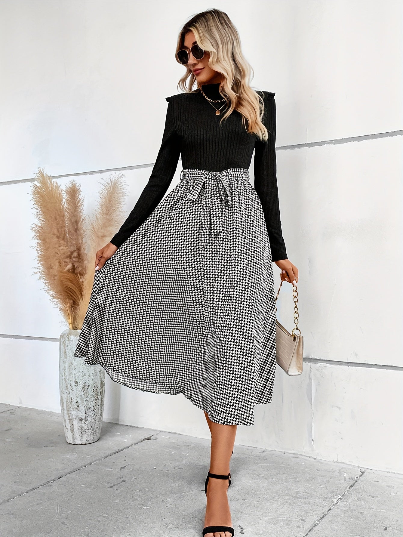 gbolsos Houndstooth Print Splicing Dress, Elegant Mock Neck Long Sleeve Dress, Women's Clothing