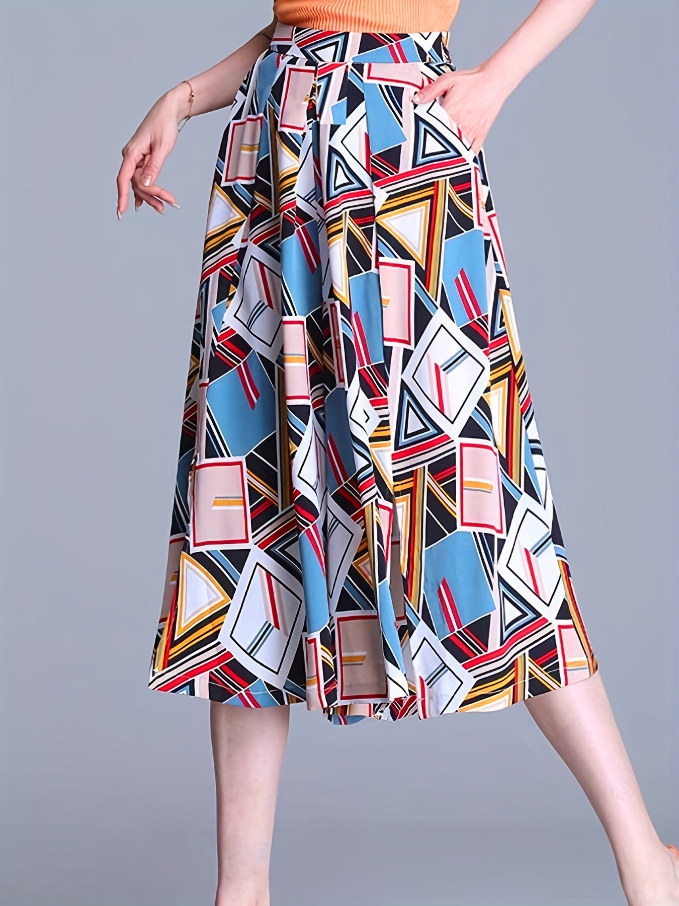 gbolsos Geometric Print Culottes, Boho High Waist Wide Leg Cropped Pants, Women's Clothing