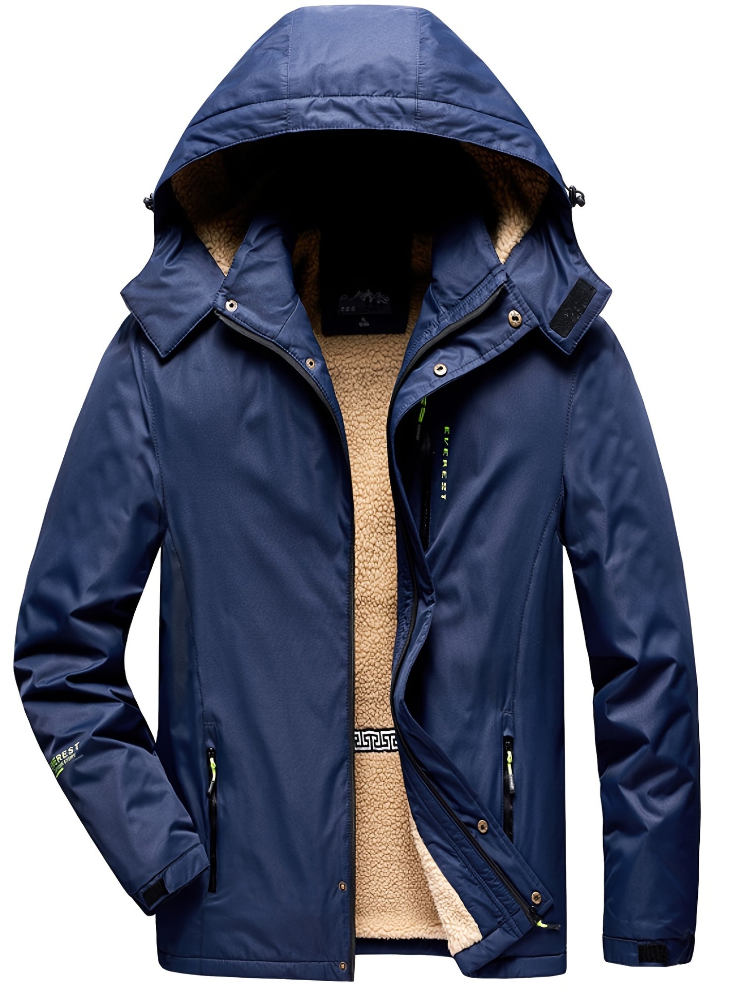 gbolsos Men's Trendy Fleece Hooded Jacket, Active Stand Collar Zip Up Hooded Coat For Fall Winter Outdoor
