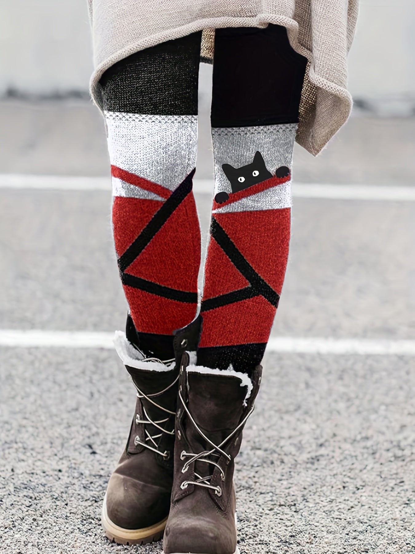 gbolsosCat & Stripe Print Skinny Leggings, Casual Every Day Stretchy Leggings, Women's Clothing