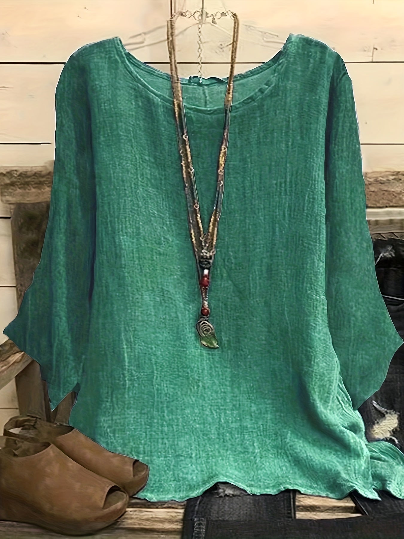 solvbao Plus Size Casual Top, Women's Plus Solid Long Sleeve Round Neck Oversized Tunic Top