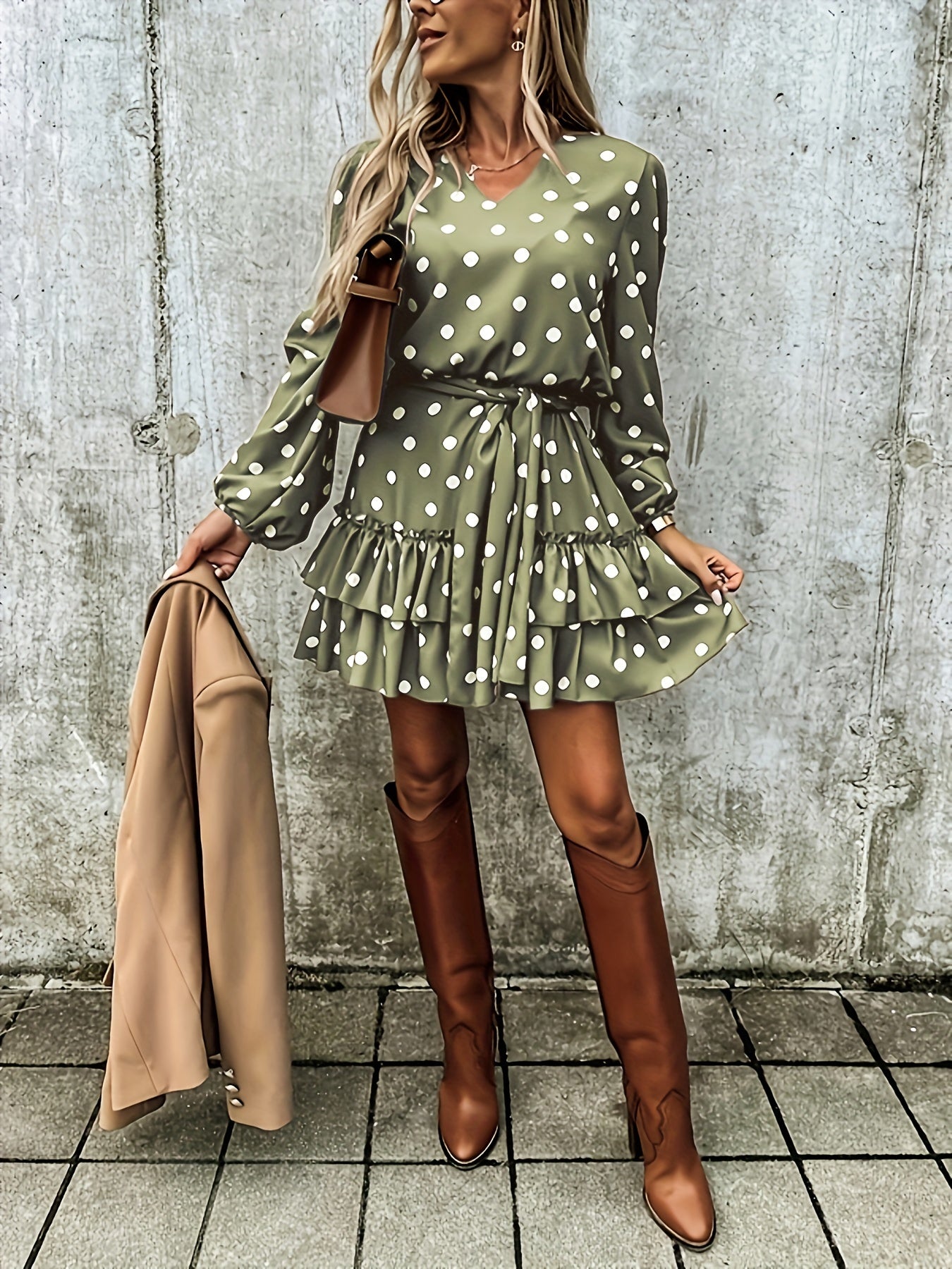 Polka Dot Print Dress, Casual Layered Ruffle Hem Lantern Sleeve Dress, Women's Clothing