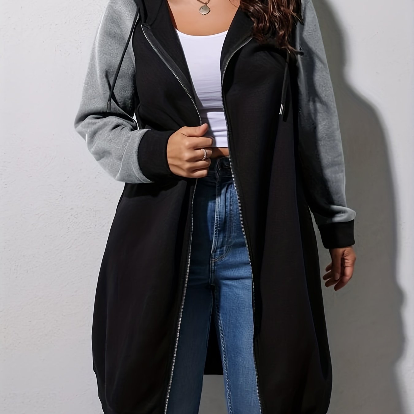 Plus Size Casual Coat, Women's Plus Colorblock Hoodie Drawstring Zipper Long Sleeve Longline Coat
