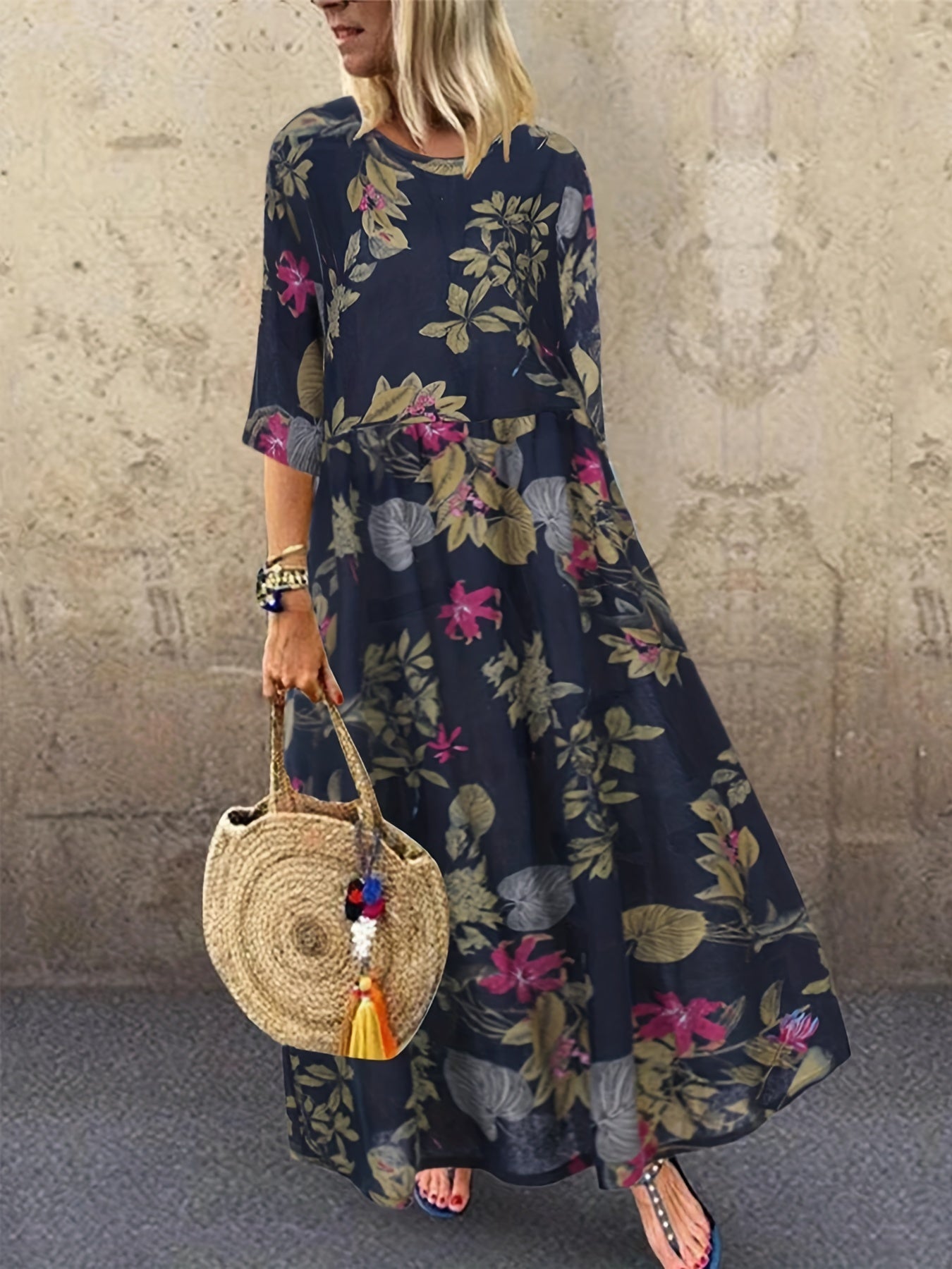 gbolsos Plus Size Casual Dress, Women's Plus Floral Print Half Sleeve Round Neck Maxi Dress