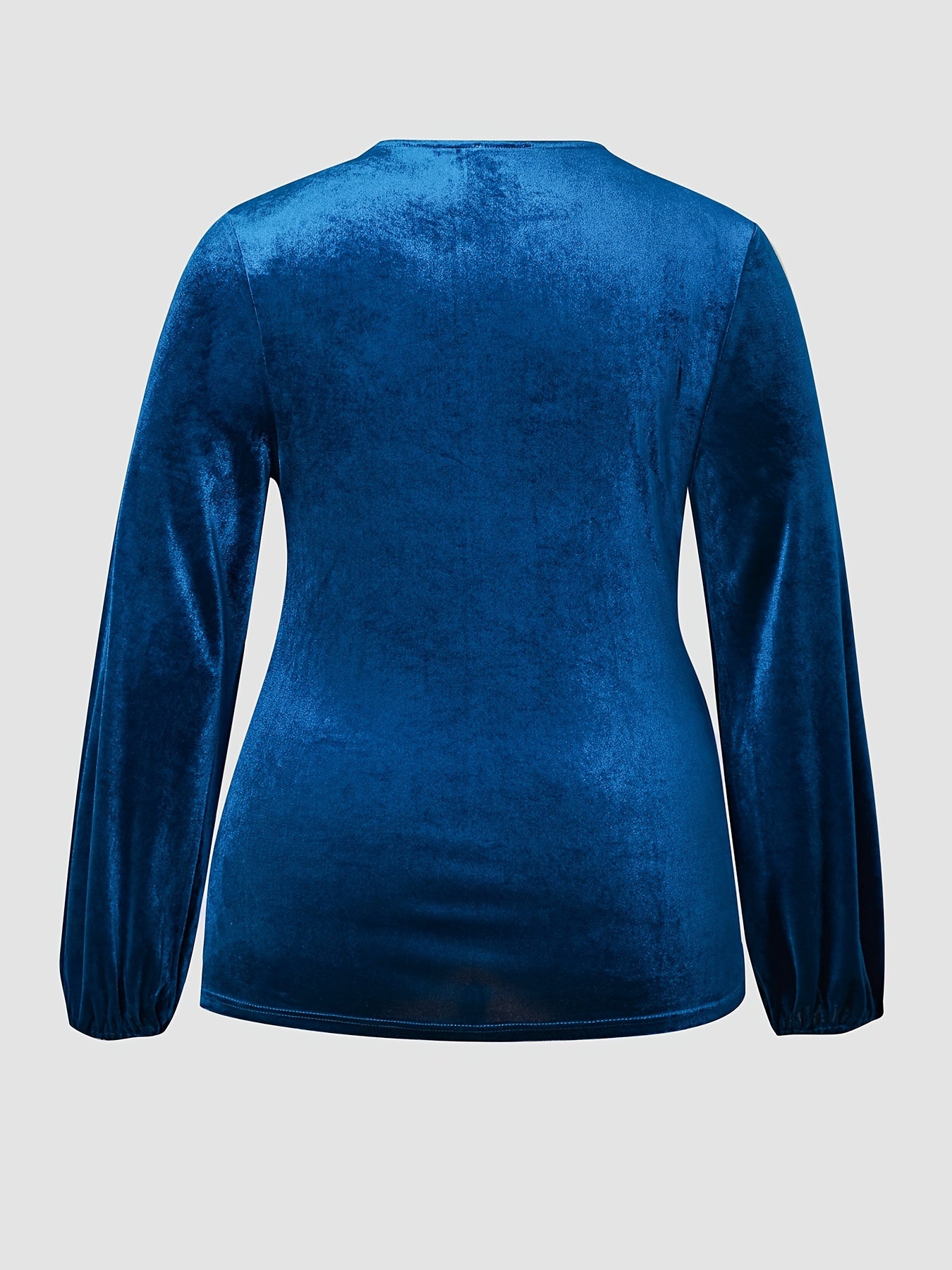 gbolsos Plus Size Solid Velvet Top, Casual Asymmetrical Hem V Neck Long Sleeve Top, Women's Plus Size Clothing