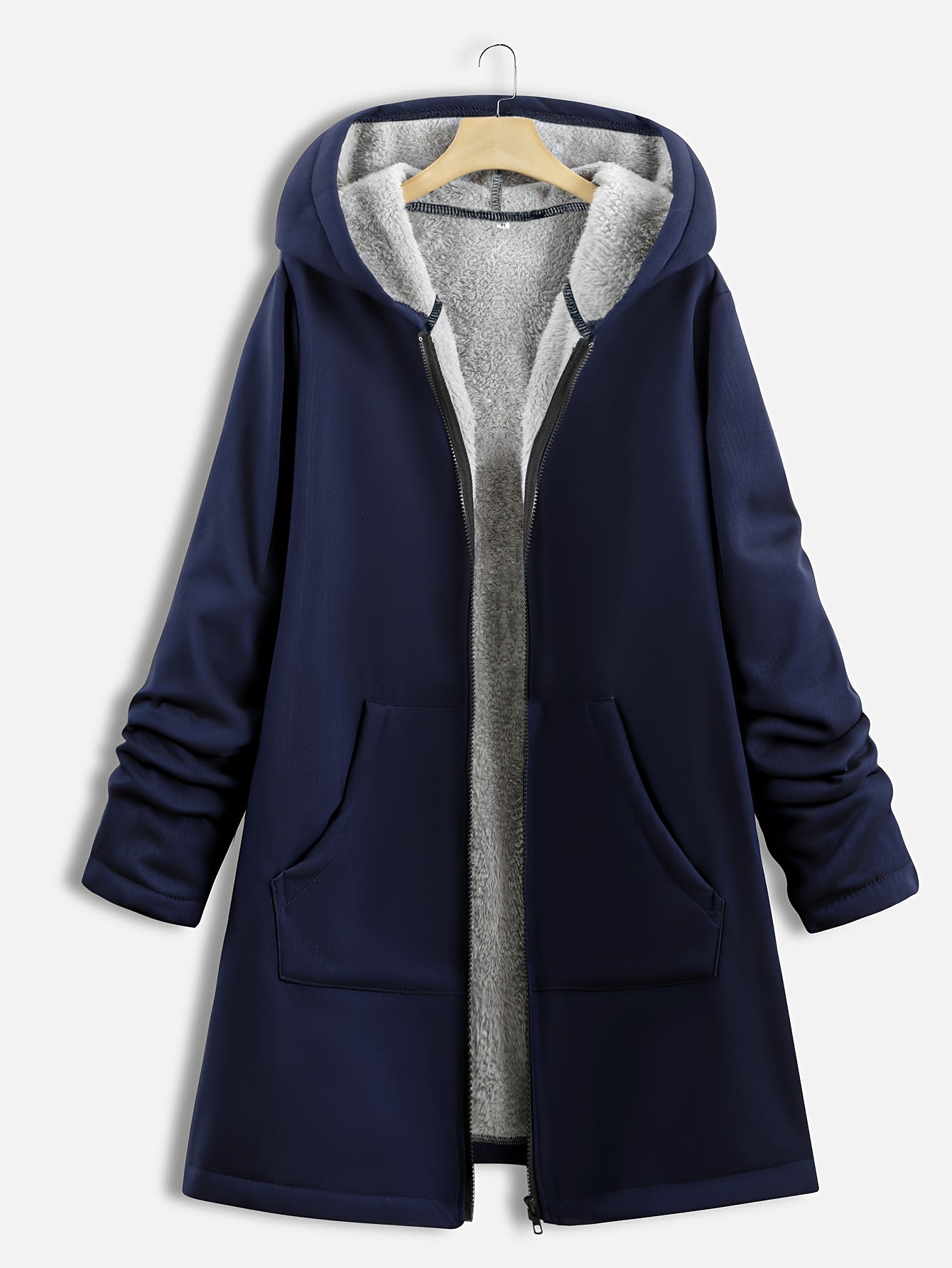 Plus Size Hoodie Fleece Liner Zip Up Coat, Women's Plus Warm Winter Casual Faux Fur Coat