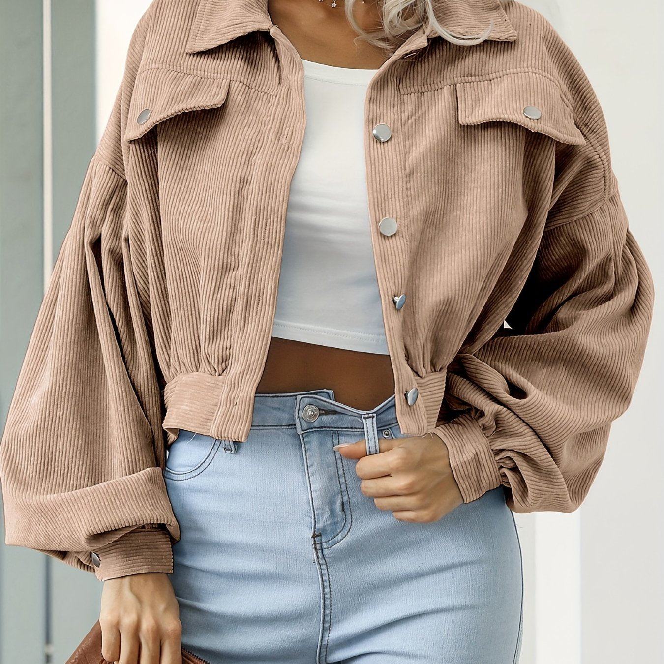 gbolsos Casual Corduroy Crop Jacket, Lapel Lantern Long Sleeve Fashion Loose Crop Outerwear, Women's Clothing