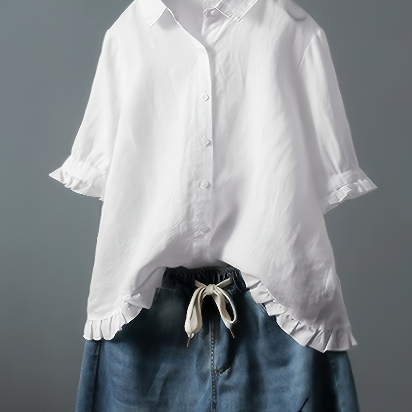 Solid Ruffle Trim 3/4 Sleeve T-Shirt, Casual All-Seasons Tops, Women's Clothing