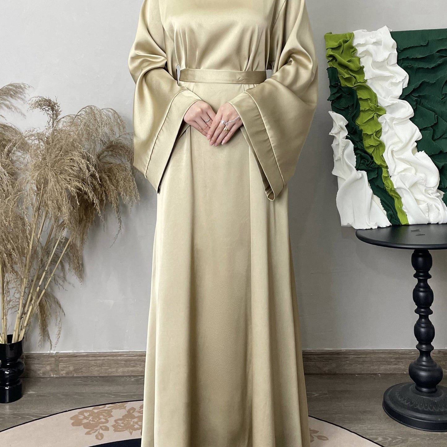 Solid Maxi Kaftan Abaya, Modest Crew Neck Long Sleeve Abaya, Women's Clothing
