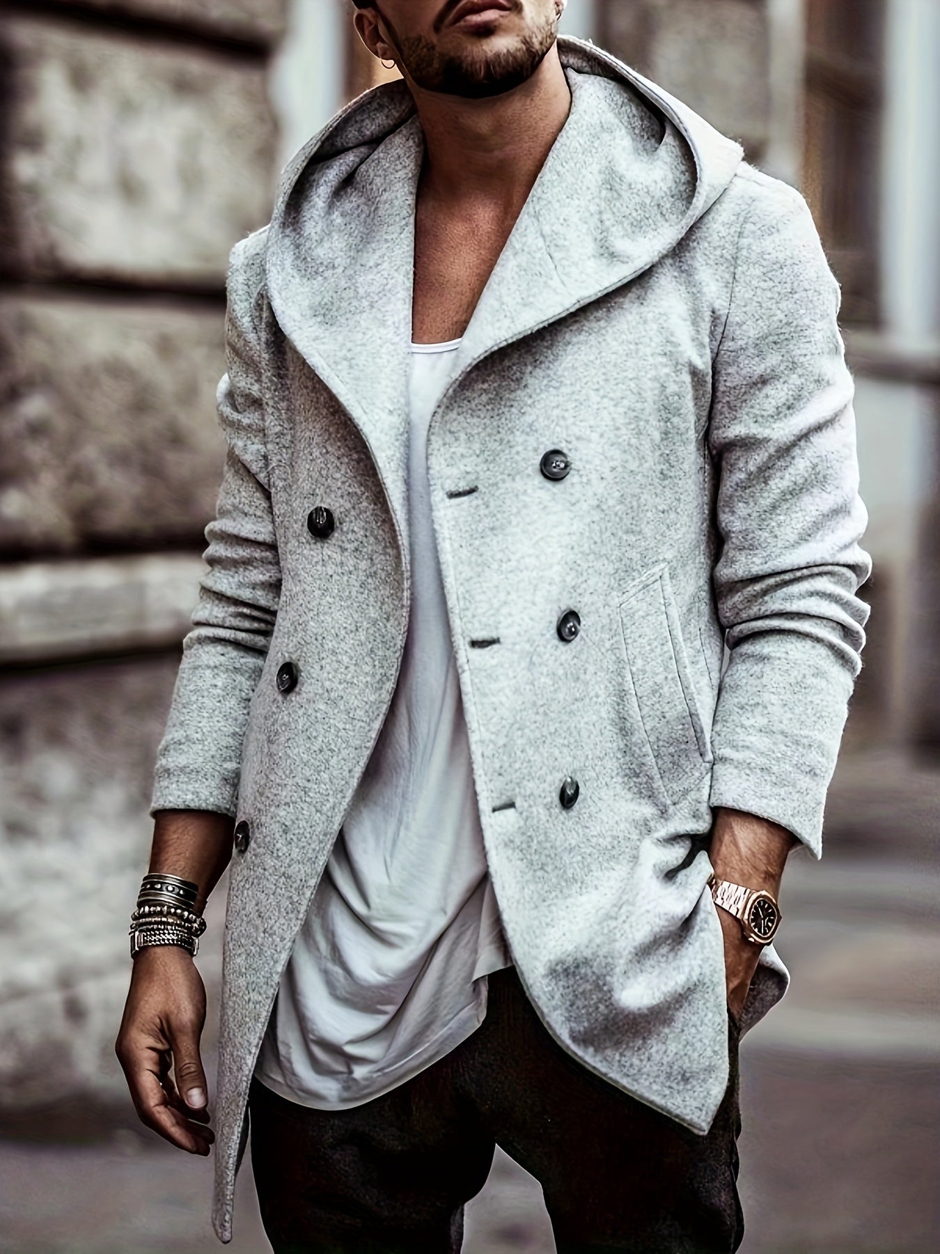 gbolsos Cotton Blend Men's Trendy Retro Hooded Long Sleeve Coat Windbreaker Stylish Long Overcoat For Autumn Winter