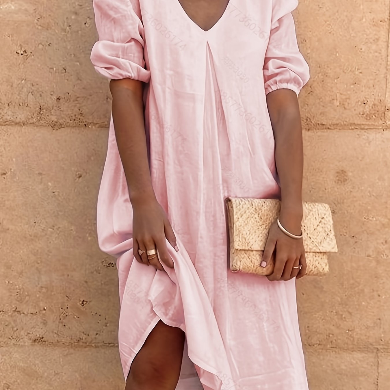 Solid V Neck Dress, Casual Short Sleeve Dress For Spring & Summer, Women's Clothing