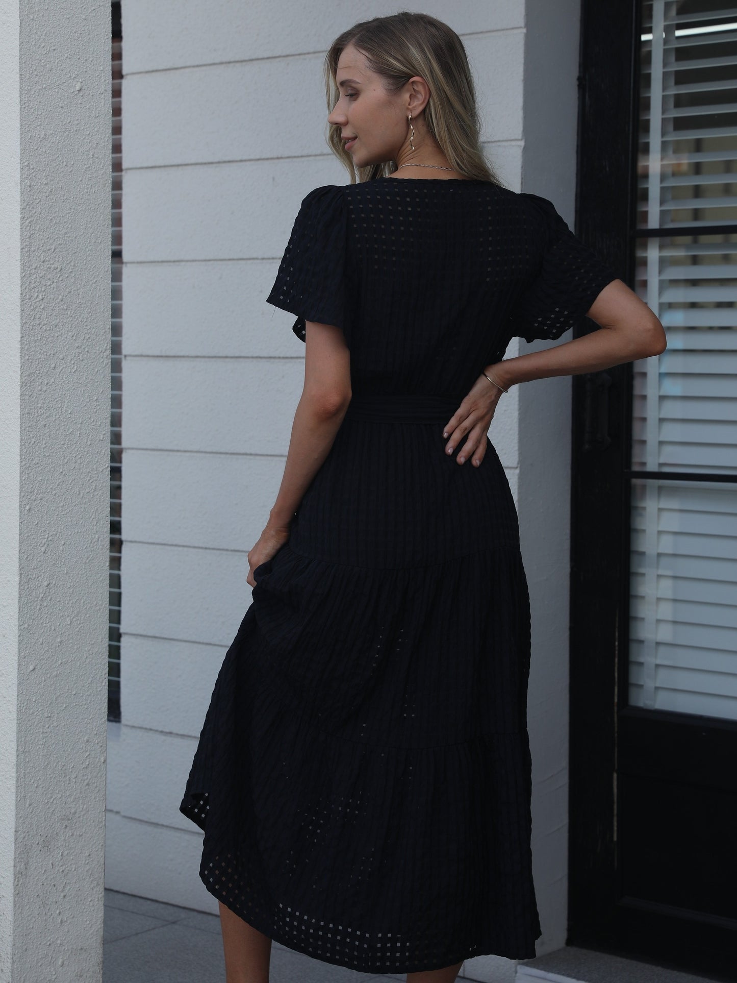 gbolsos Solid High Waist Dress, Casual Surplice Neck Short Sleeve Maxi Dress, Women's Clothing