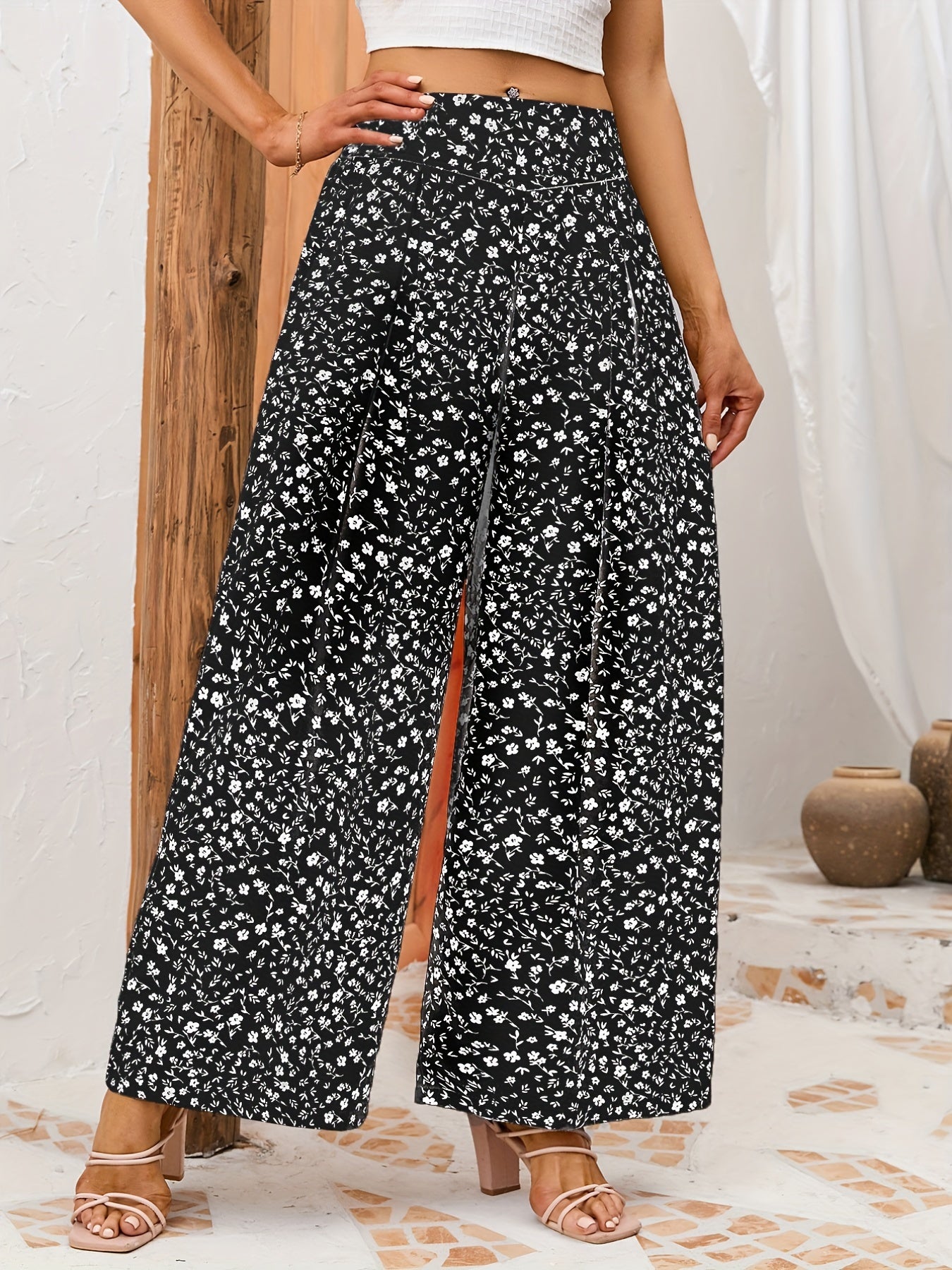 gbolsos Floral Print Wide Leg Pants, Casual Loose Pants For Spring & Summer, Women's Clothing