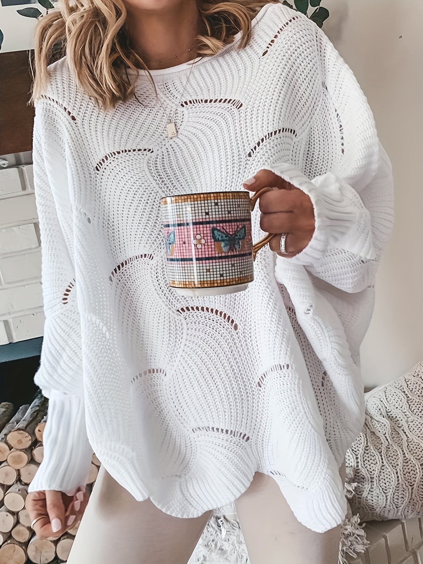 Solid Cutout Irregular Hem Knit Sweater, Casual Crew Neck Long Sleeve Pullover Sweater, Women's Clothing