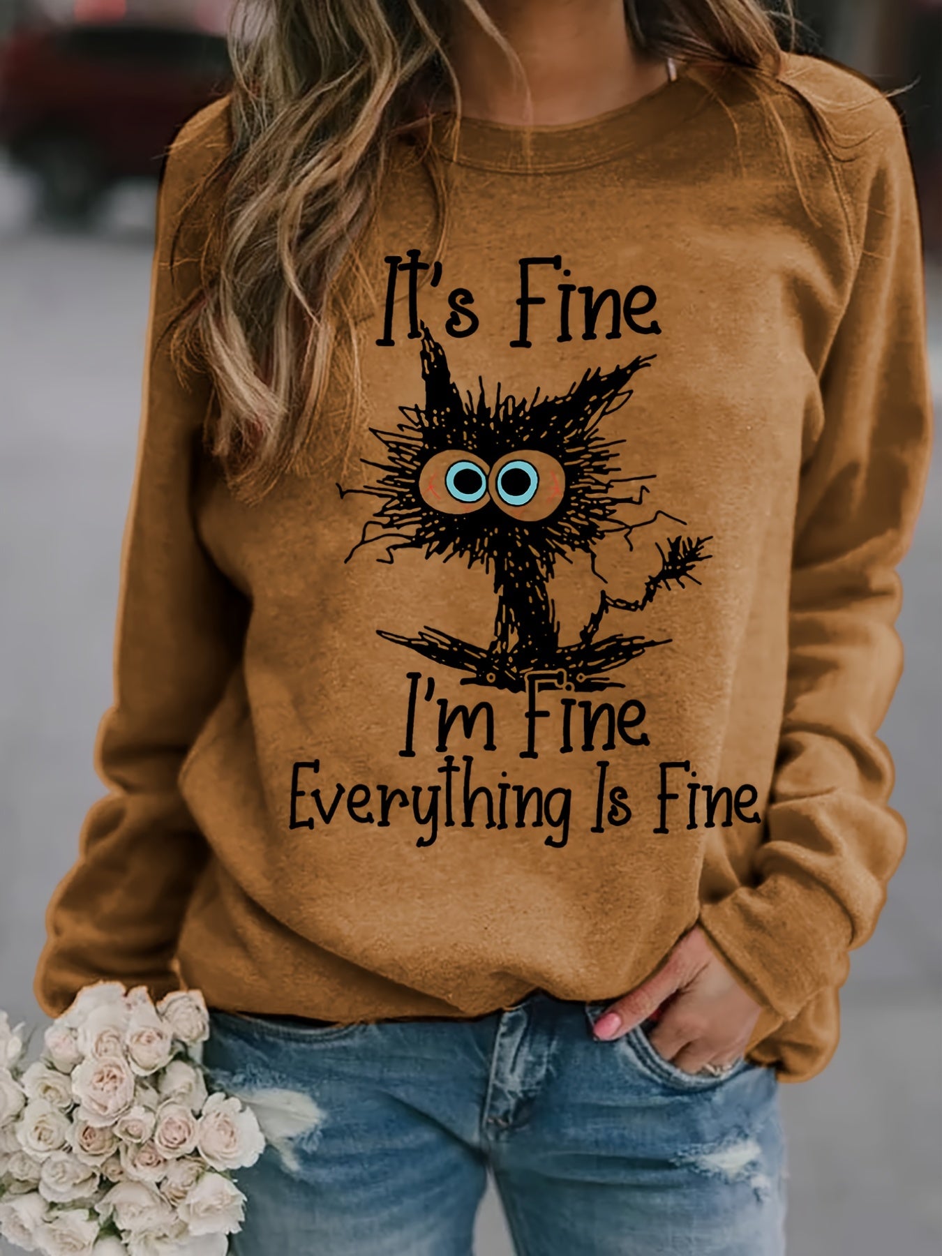 gbolsos It's Fine Cartoon Cat Print Sweatshirt, Long Sleeve Crew Neck Casual Sweatshirt For Winter & Fall, Women's Clothing
