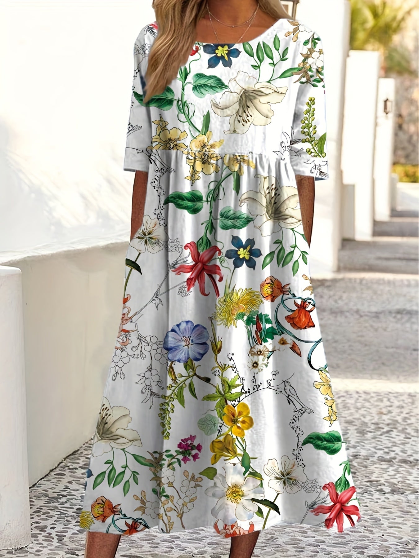 Floral Print Round Neck Dress, Casual Pocket Short Sleeve Beach High Waist Summer Dresses, Women's Clothing