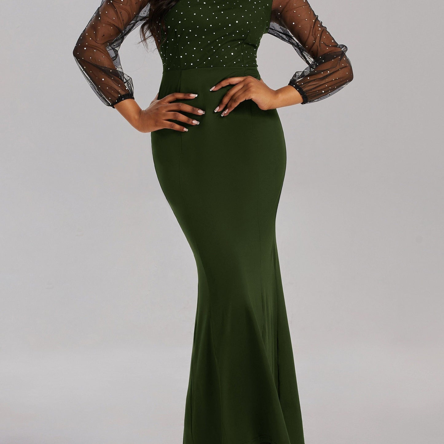 gbolsos Solid Sheer Sleeve Dress, Elegant Crew Neck Mermaid Bodycon Maxi Party Dress, Women's Clothing