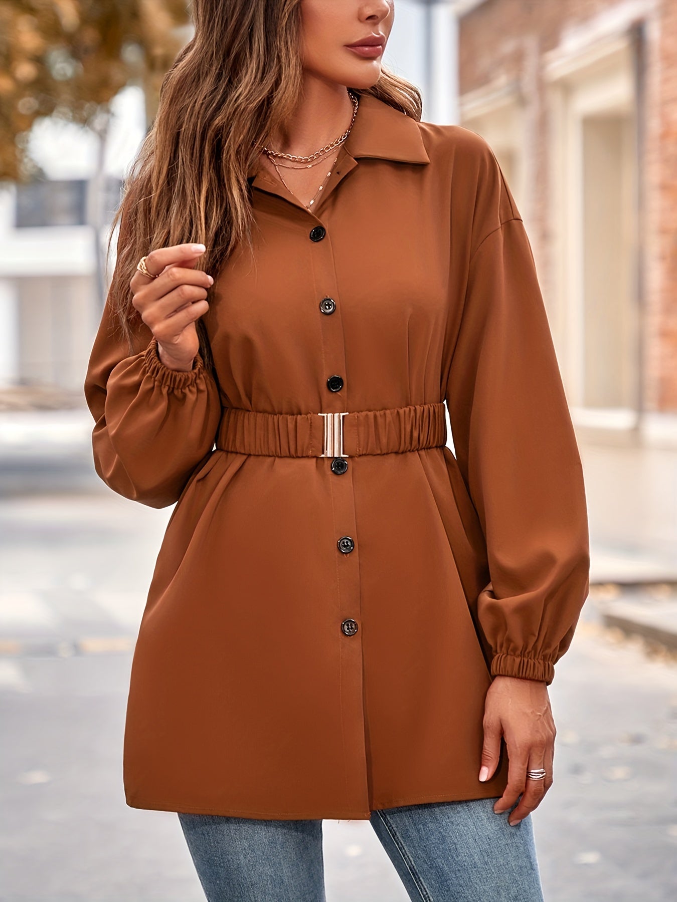 gbolsos Button Front Belt Blouse, Elegant Lantern Sleeve Lapel Blouse For Spring & Fall, Women's Clothing