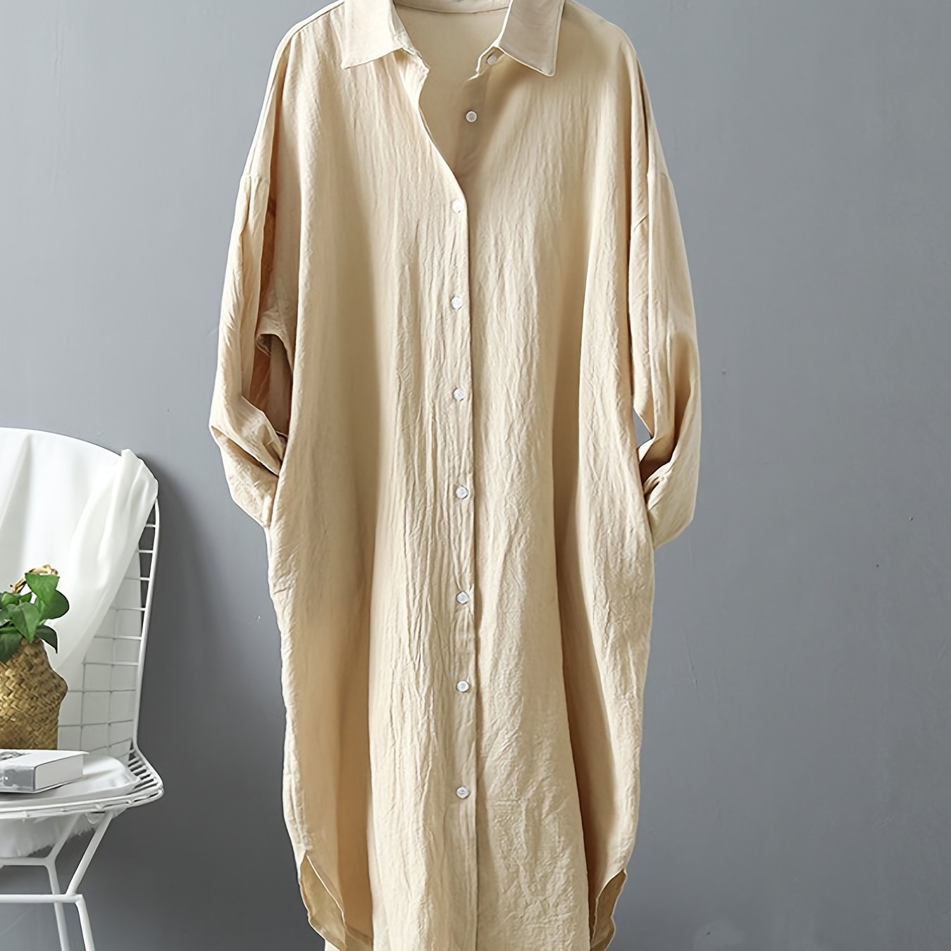 gbolsos Loose Long Sleeve Solid Lapel Shirt, Casual Medium Longline Button Shirt, Women's Clothing