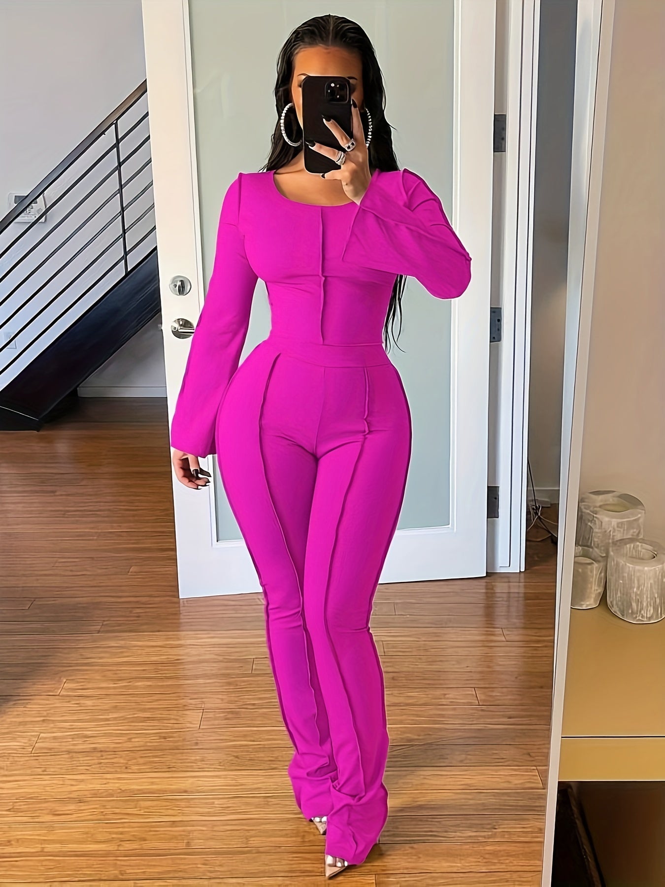 Solid Rib Two-piece Set, Flared Sleeve Crew Neck Tops & High Waist Long Length Pants Outfits, Women's Clothing