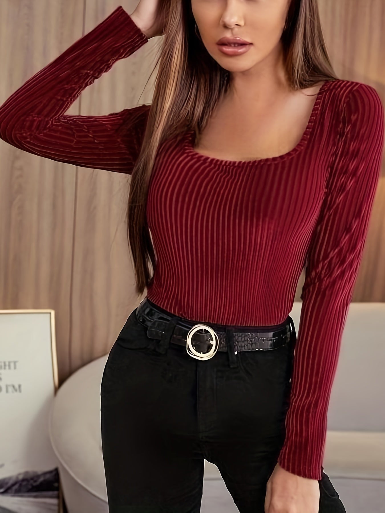 Solid Ribbed Velvet T-Shirt, Elegant Long Sleeve Top For Spring & Fall, Women's Clothing