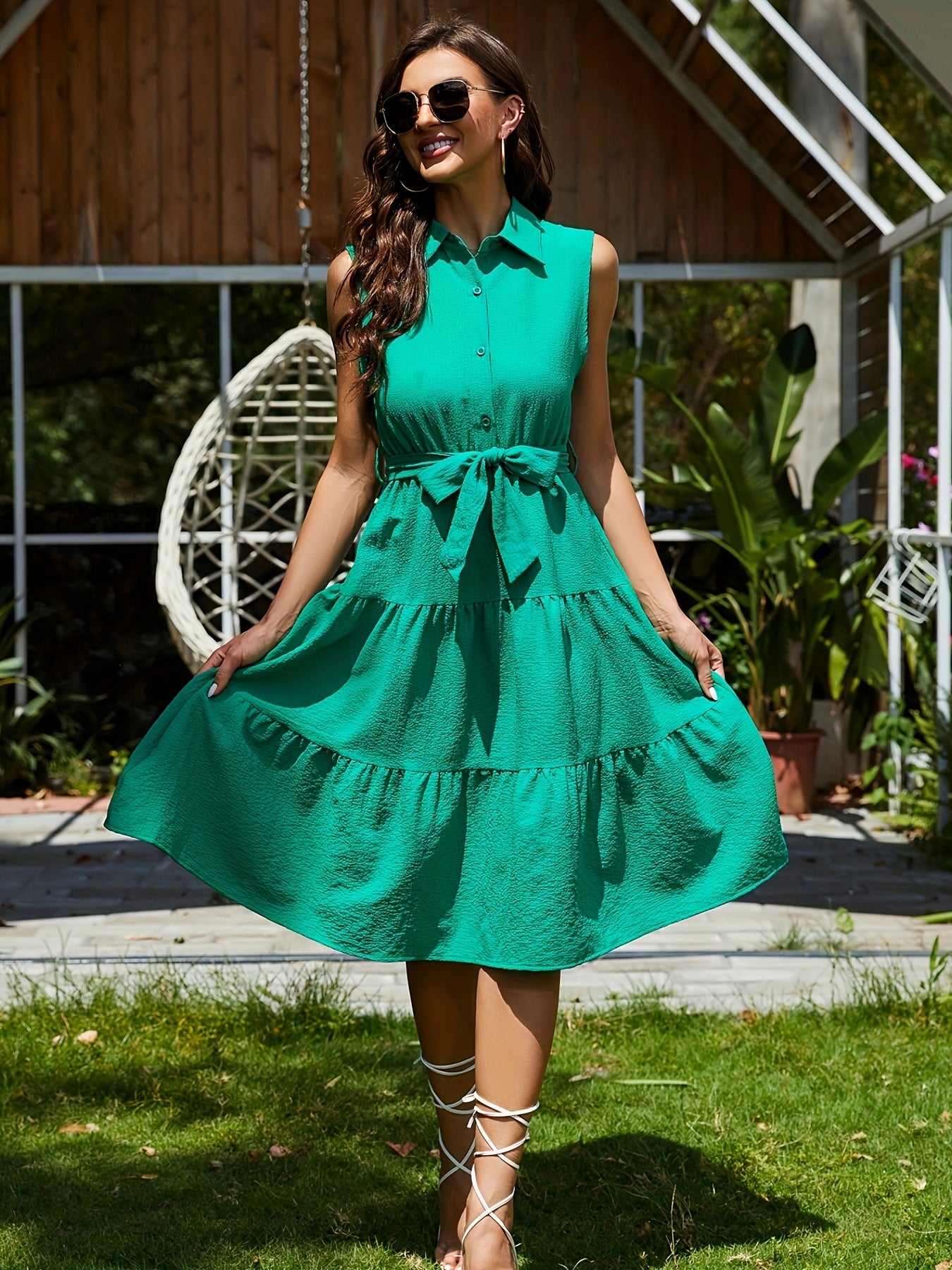 gbolsos Shirt Collar Belted Tiered Dress, Sleeveless Summer Vacation Casual Dress, Women's Clothing