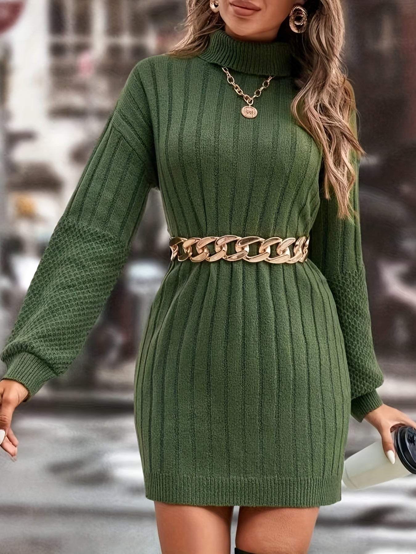 Ribbed Knit Turtle Neck Sweater, Casual Lantern Sleeve Sweater For Fall & Winter, Women's Clothing