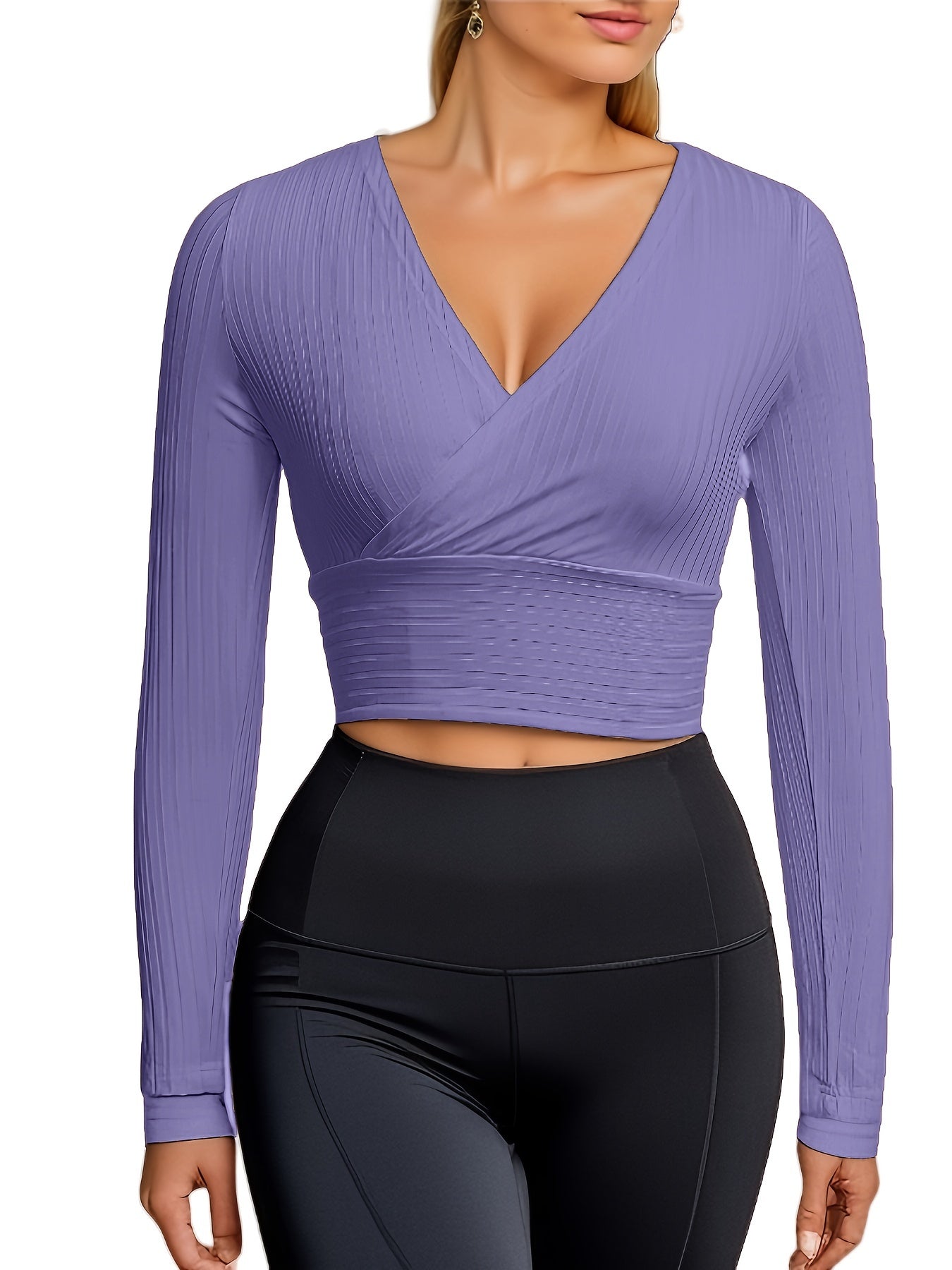 gbolsos Ribbed Solid Deep V Neck Long Sleeve Cross Wrap Crop Tops , Women's Clothings
