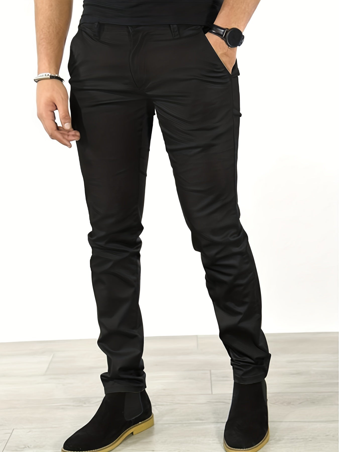 gbolsos Slim Fit Tapered Slacks, Men's Casual Slightly Stretch Solid Color All Match Pants For All Seasons Business