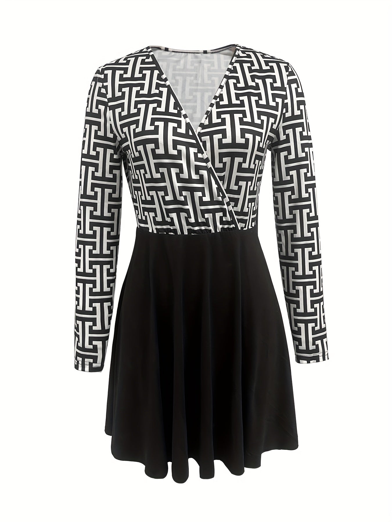 gbolsos Abstract Print Splicing Dress, Elegant Surplice Neck Long Sleeve Dress, Women's Clothing