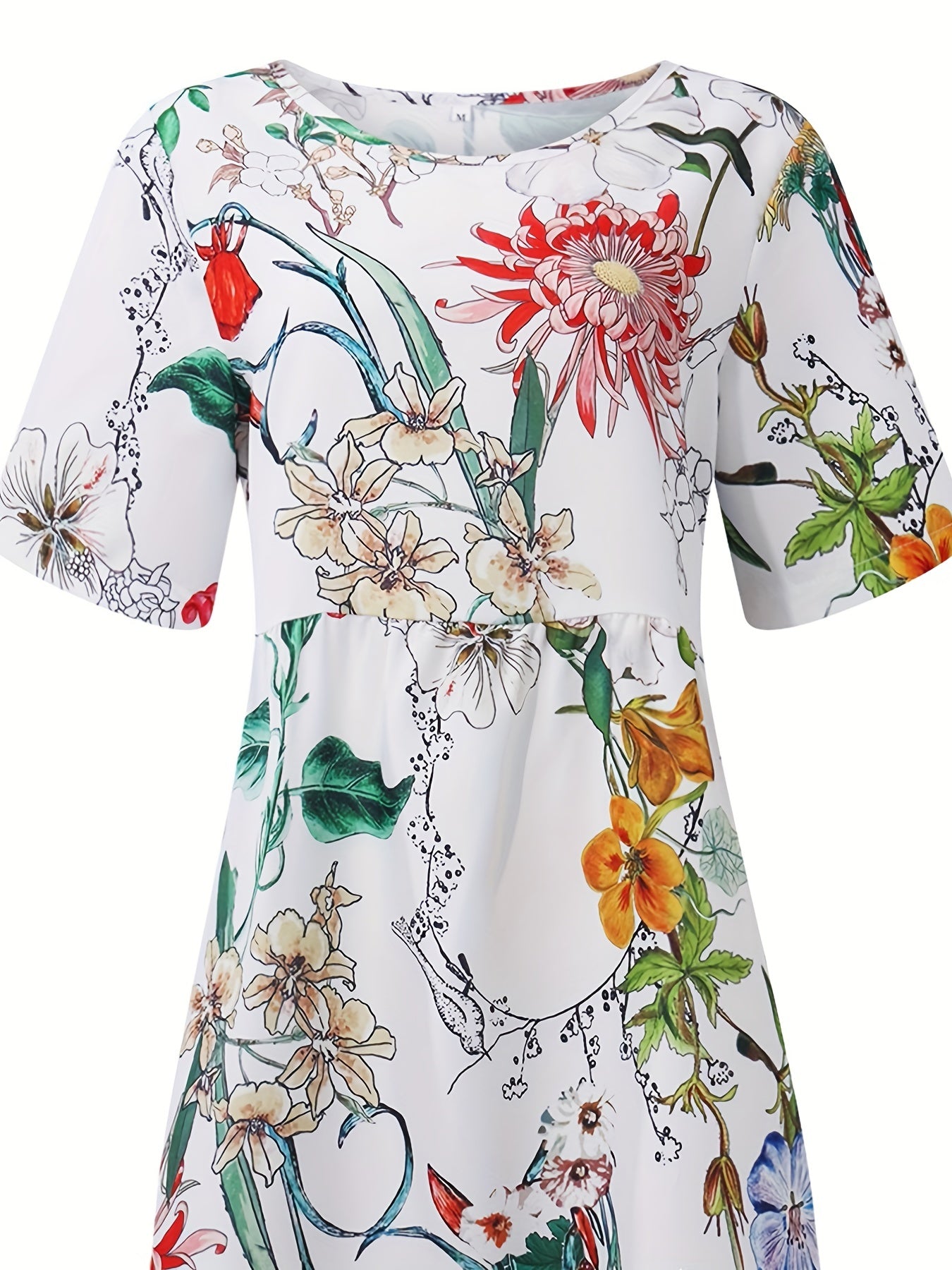 Floral Print Round Neck Dress, Casual Pocket Short Sleeve Beach High Waist Summer Dresses, Women's Clothing