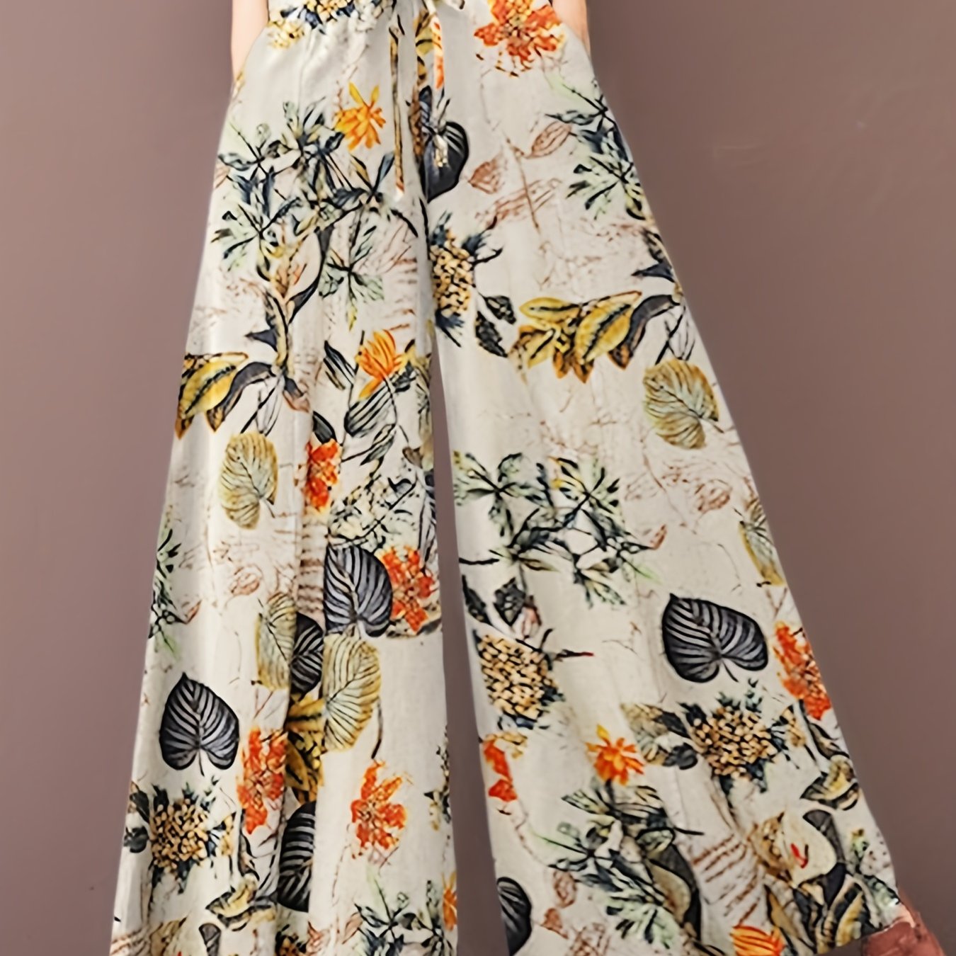Plus Size Casual Pants, Women's Plus Floral Print Wide Leg Loose Drawstring Pants With Pockets
