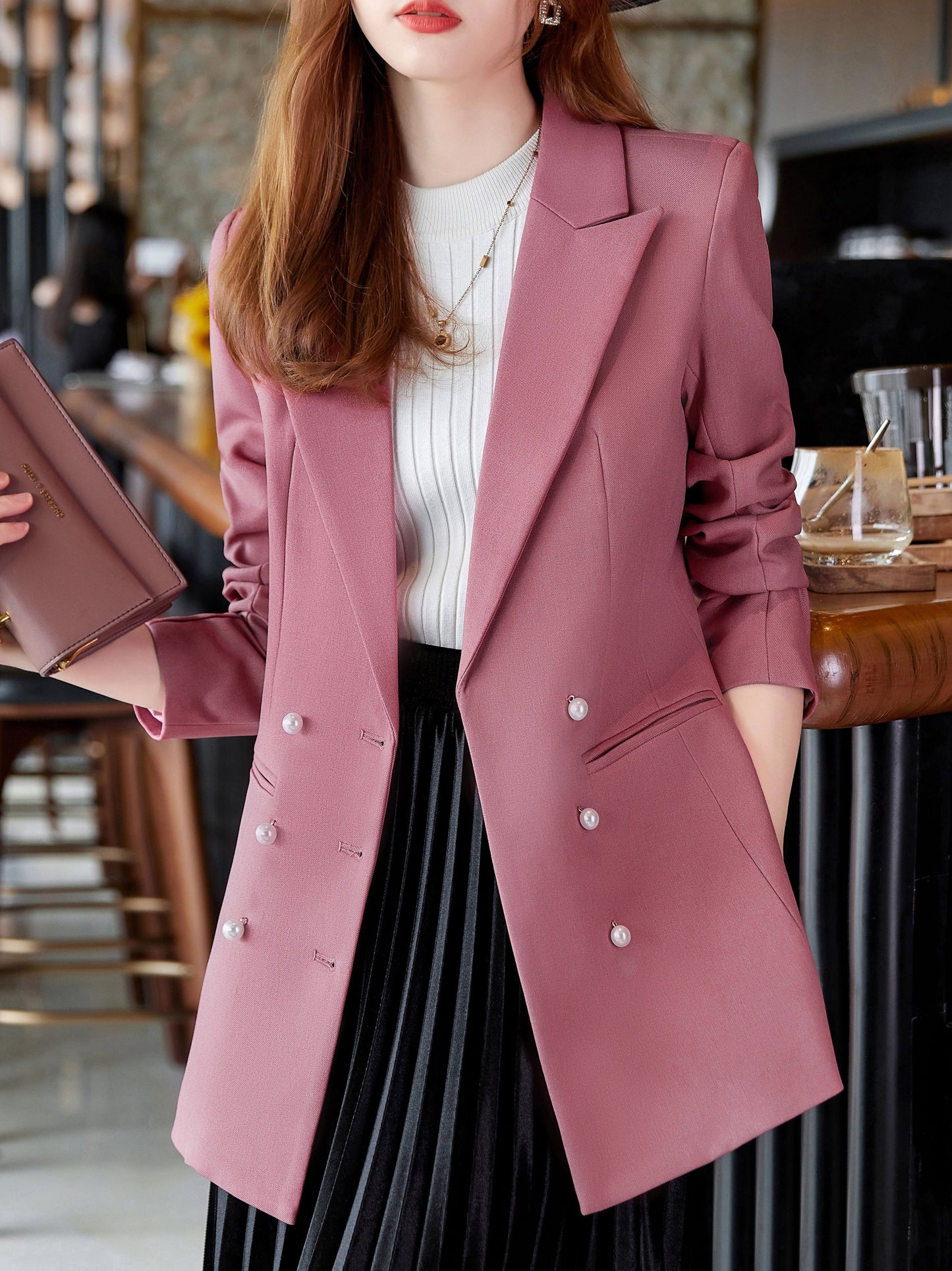 gbolsos Solid Lapel Beaded Button Blazer, Casual Long Sleeve Blazer For Office, Women's Clothing