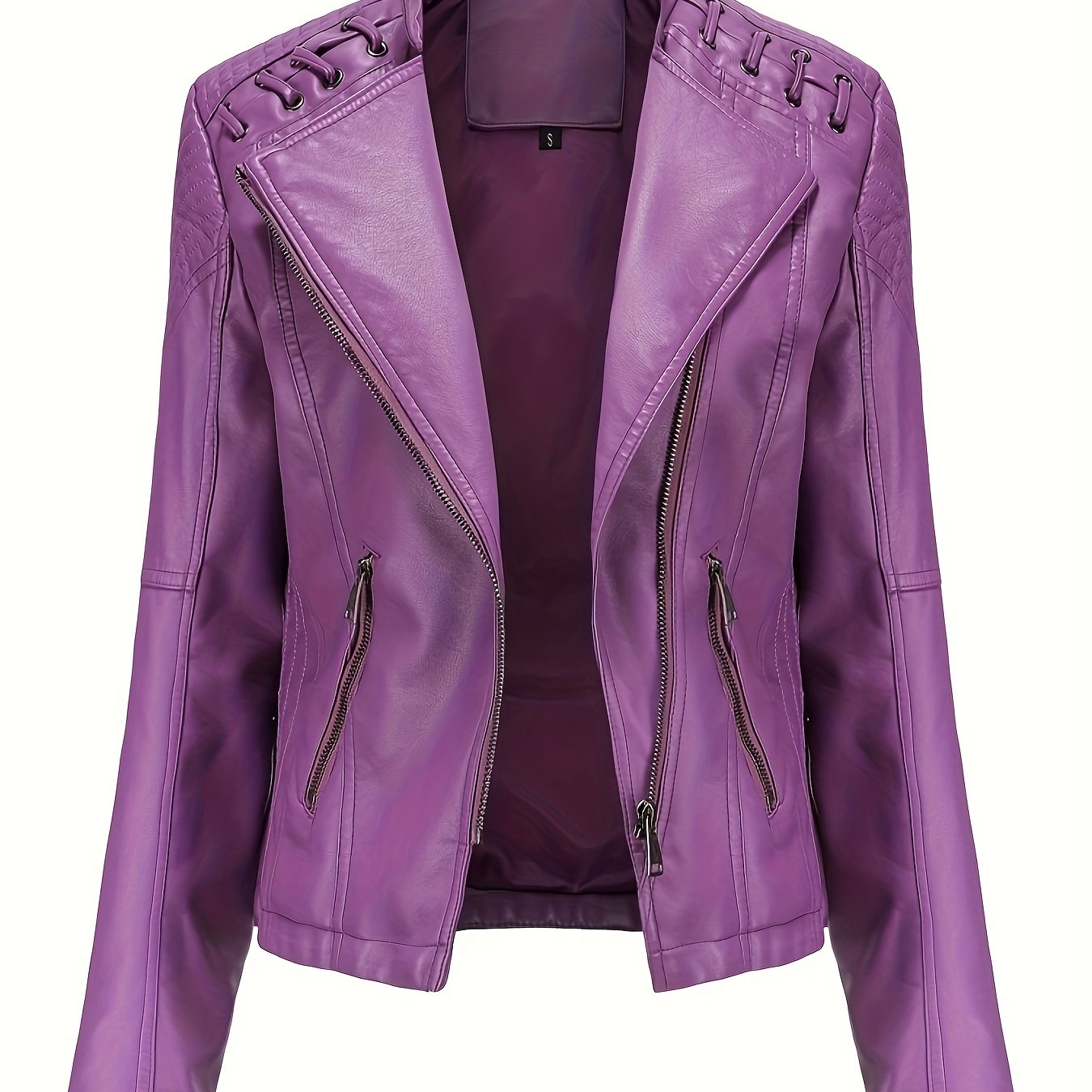 gbolsos Zipper Faux Leather Jacket, Casual Solid Long Sleeve Outerwear, Women's Clothing