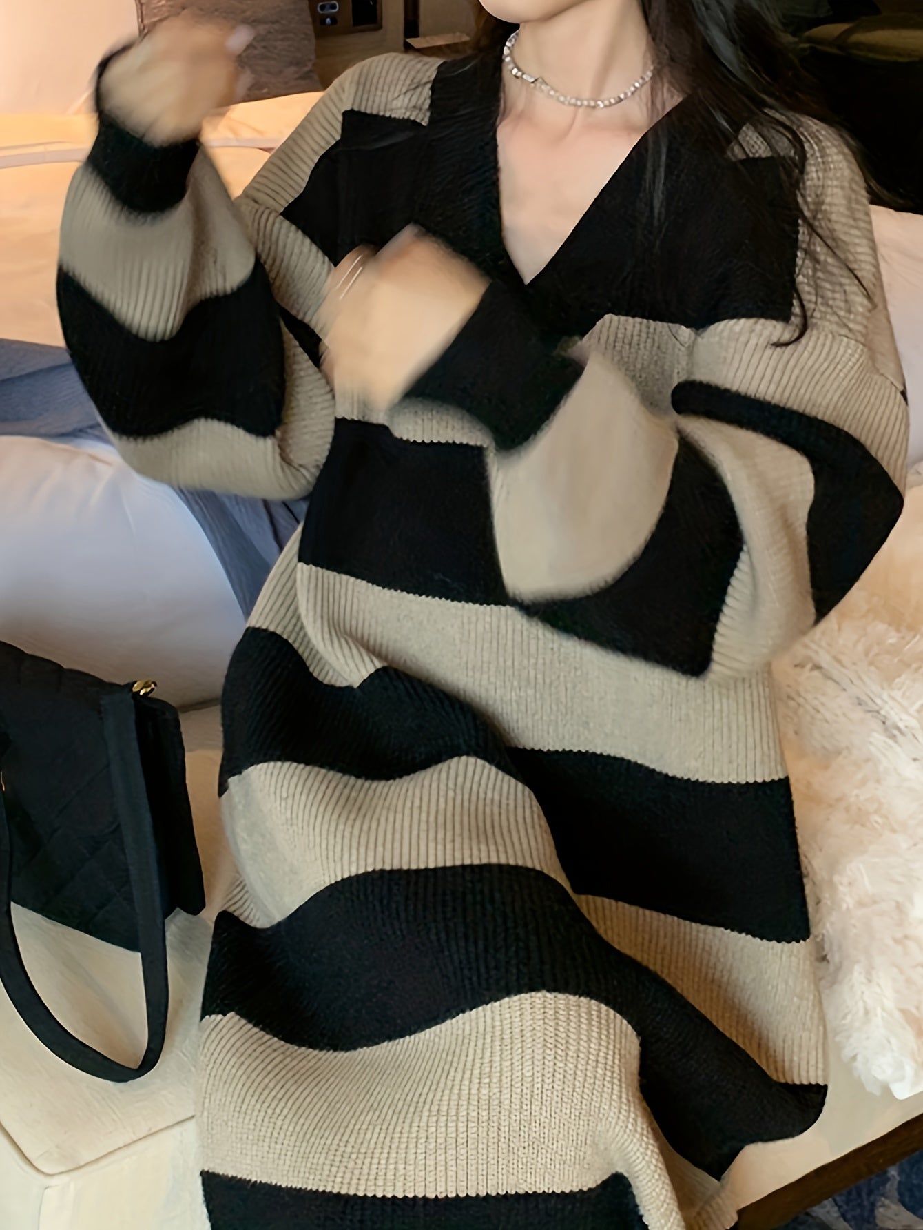 gbolsos Striped Drop Shoulder Sweater Dress, Casual V Neck Long Sleeve Maxi Dress, Women's Clothing