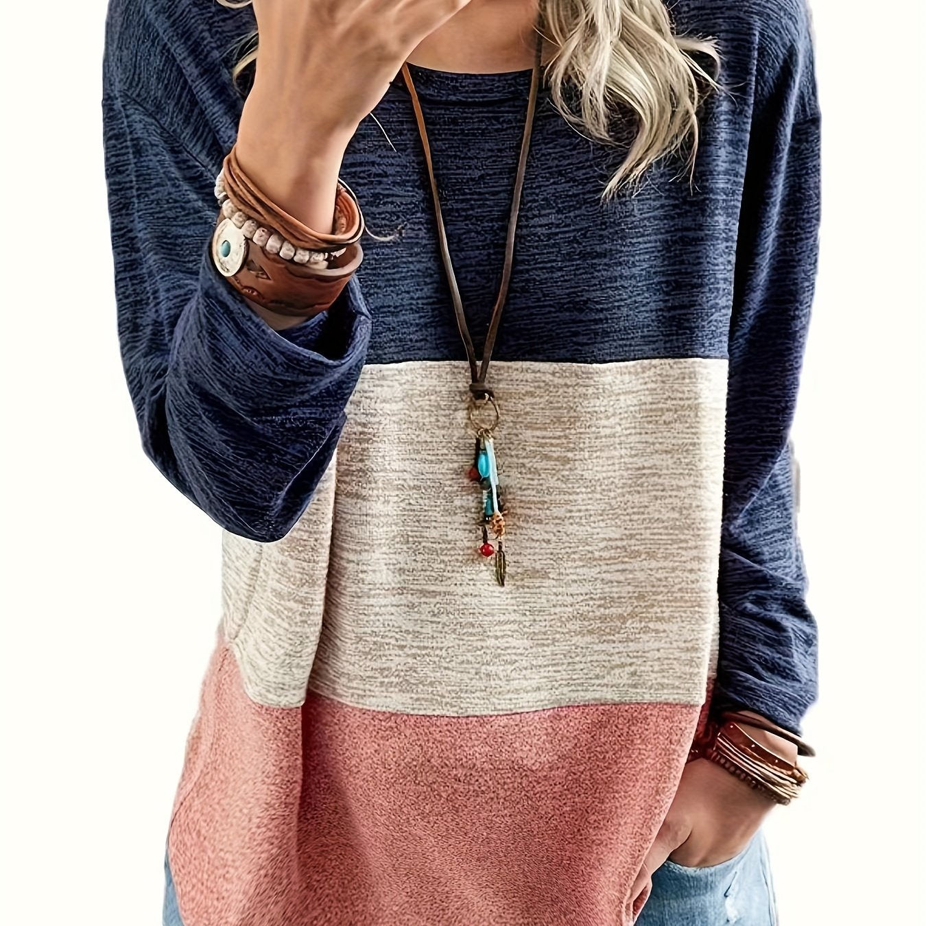 Plus Size Casual Top, Women's Plus Colorblock Long Sleeve Round Neck Medium Stretch Top