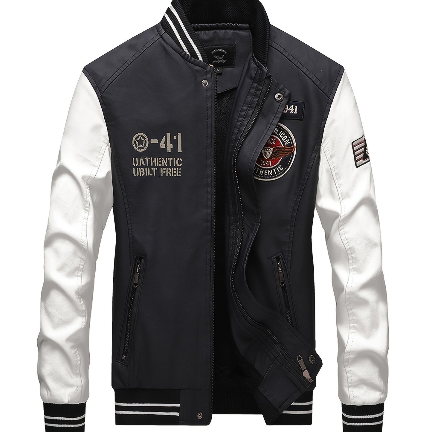 gbolsos Men's Casual Pockets "R" Print Zipper Long Sleeves Baseball Collar PULeather Jacket