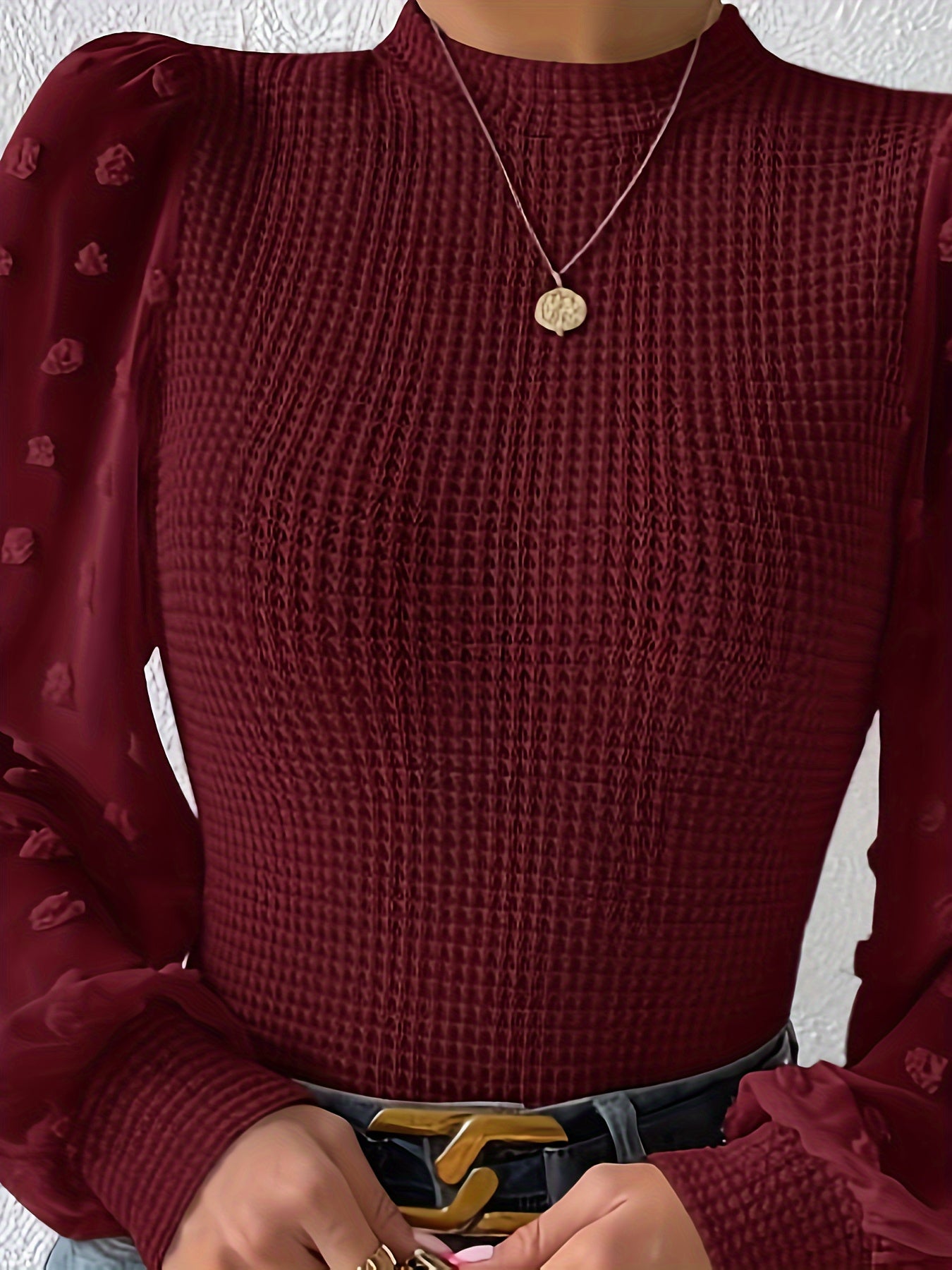 gbolsos Swiss Dot Mock Neck Blouse, Casual Long Lantern Sleeve Blouse For Spring & Fall, Women's Clothing