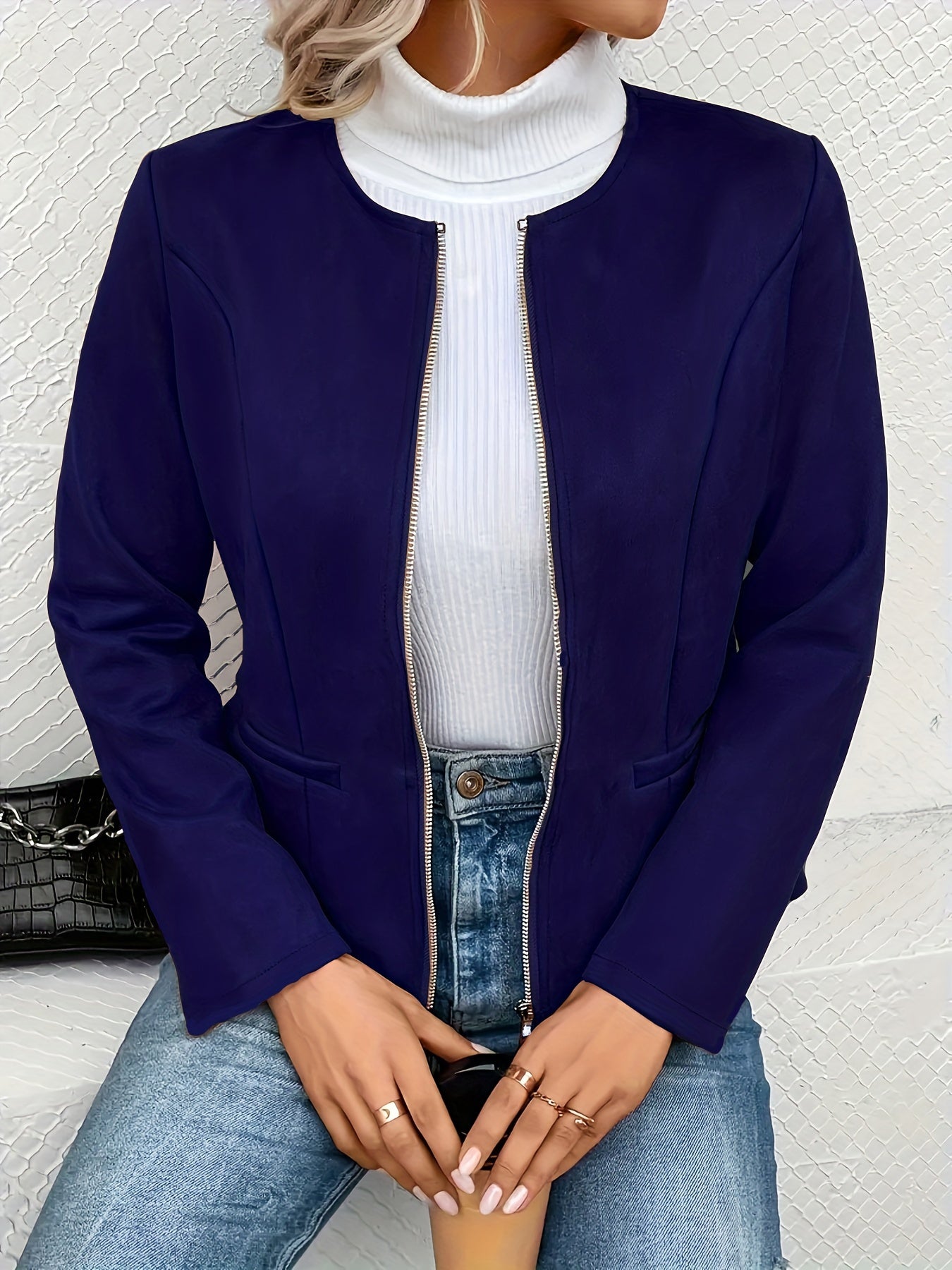 Plus Size Casual Coat, Women's Plus Solid Zip Up Long Sleeve Round Neck Jacket With Pockets