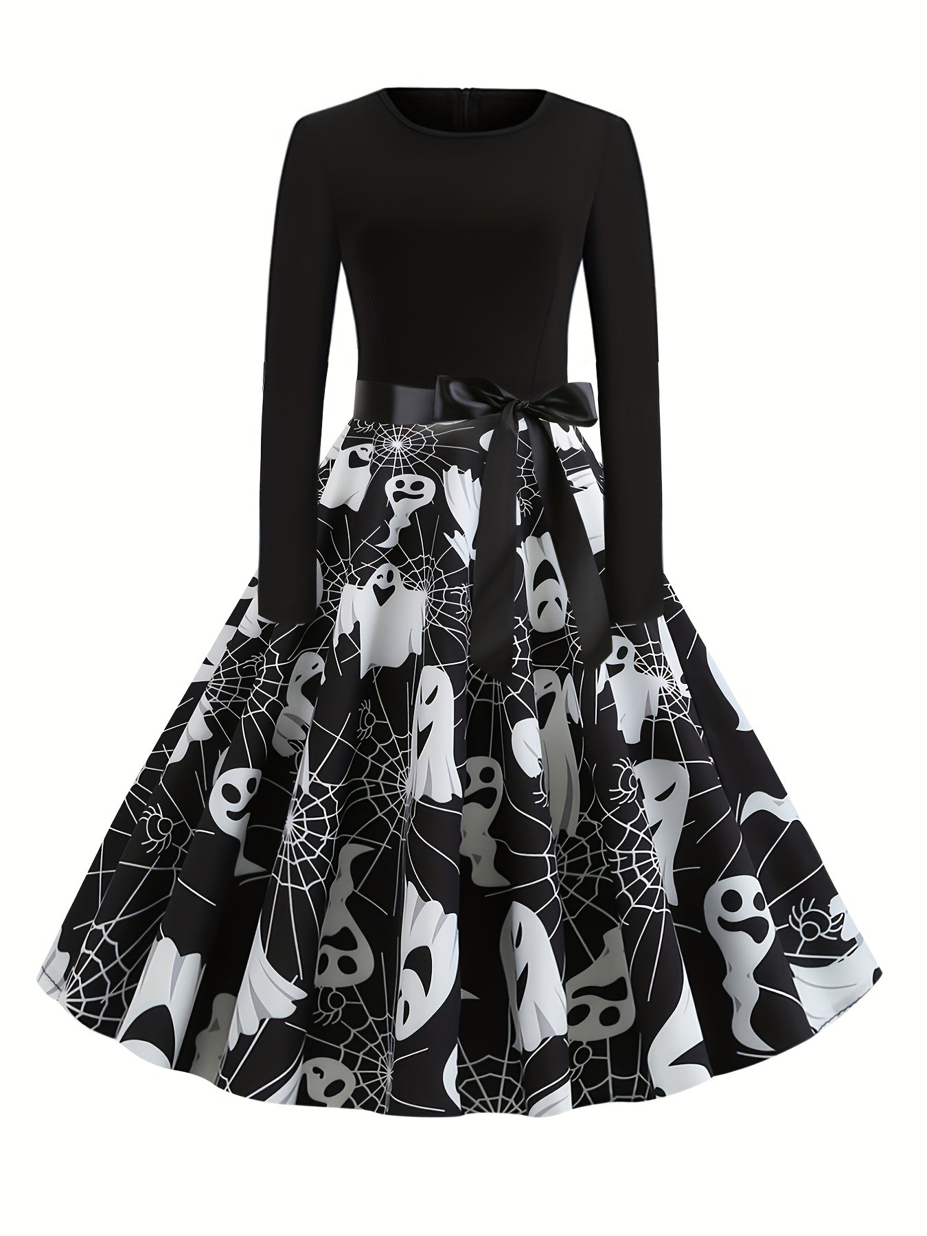 gbolsos Cartoon Ghost Print Dress, Elegant Long Sleeve Pleated Halloween Dress, Women's Clothing