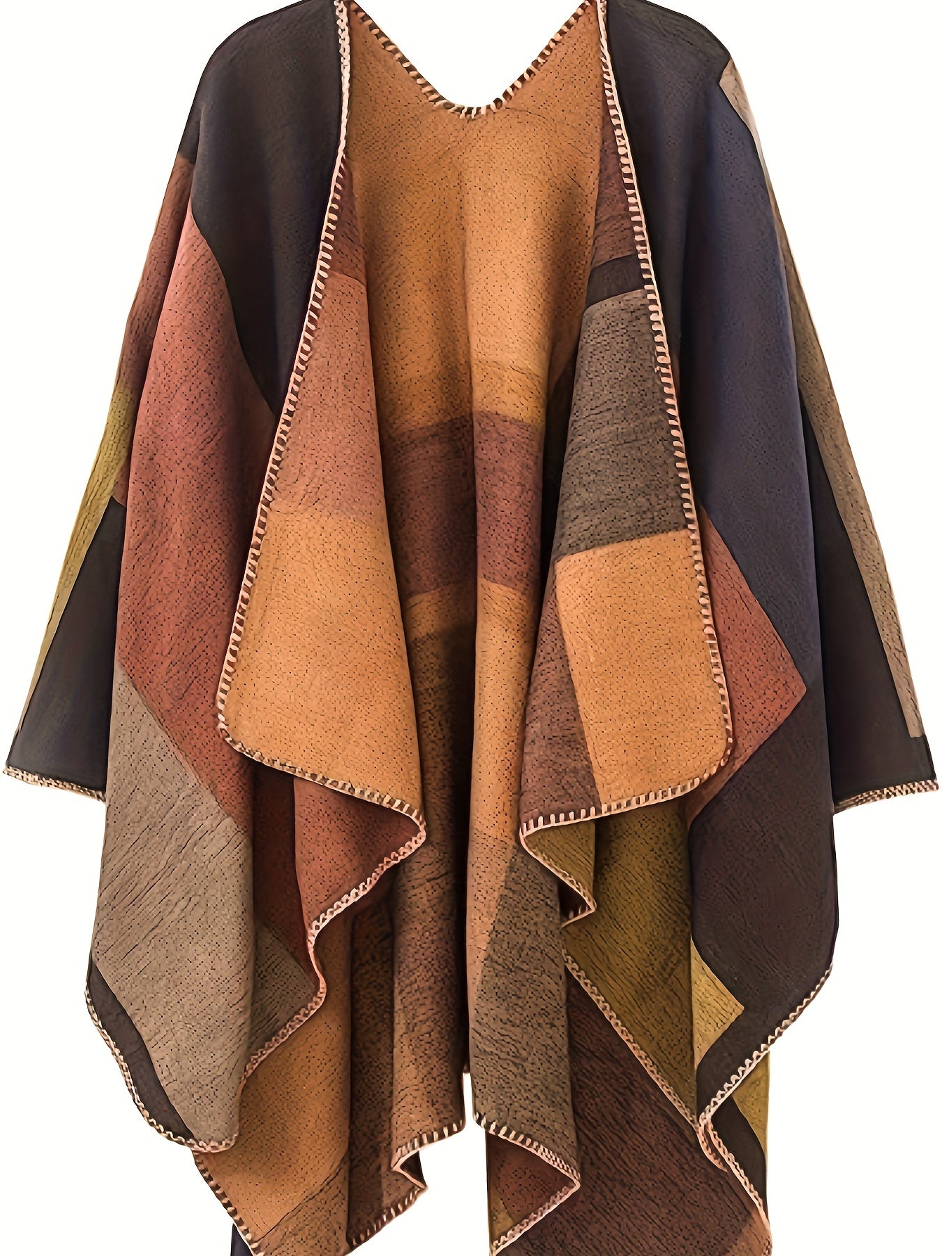 Plus Size Casual Coat, Women's Plus Colorblock Bat Sleeve Open Front Slight Stretch Cape Coat